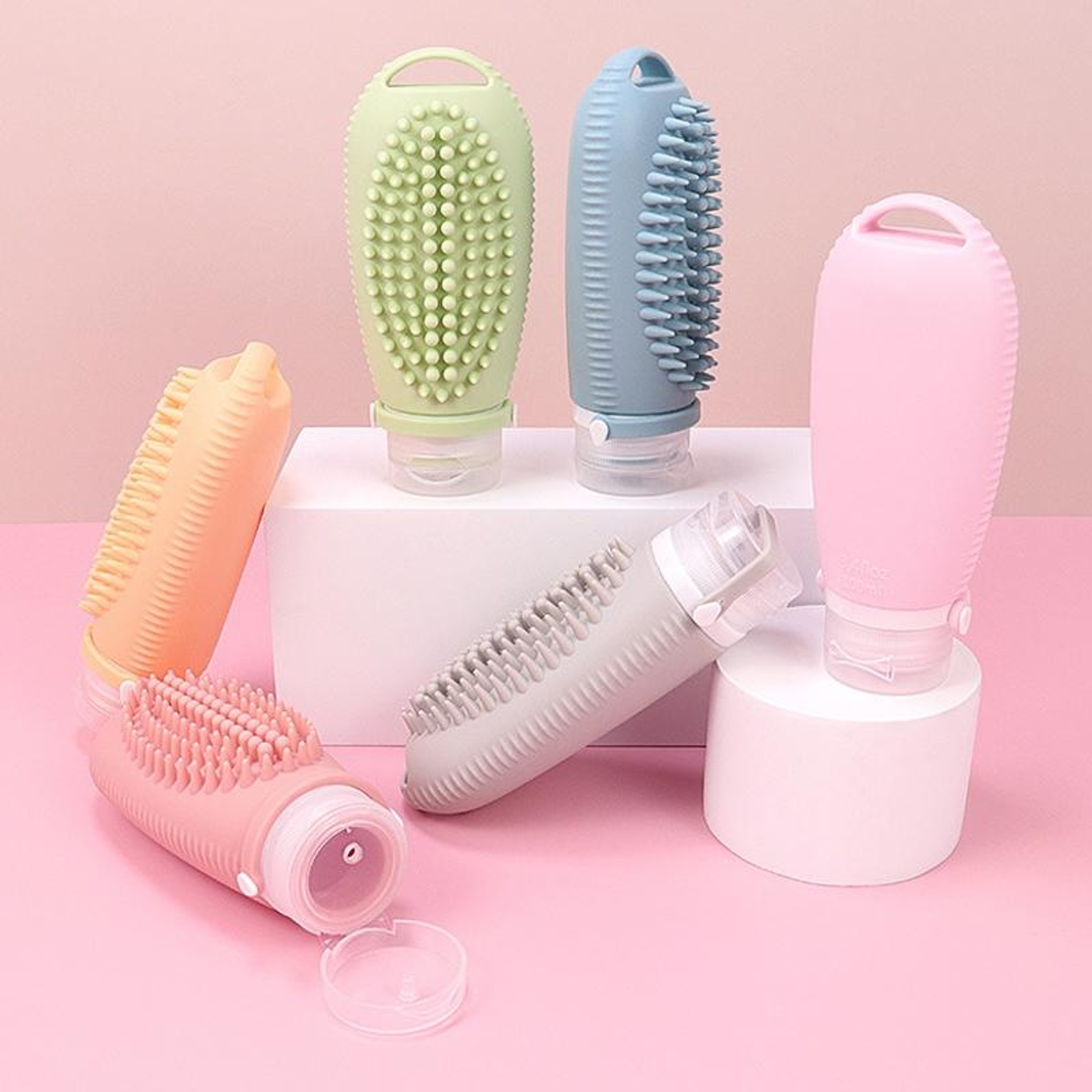 Silicone Travel Dispenser Bottle with Massage Brush for Shampoo & Lotion Portable – view 2