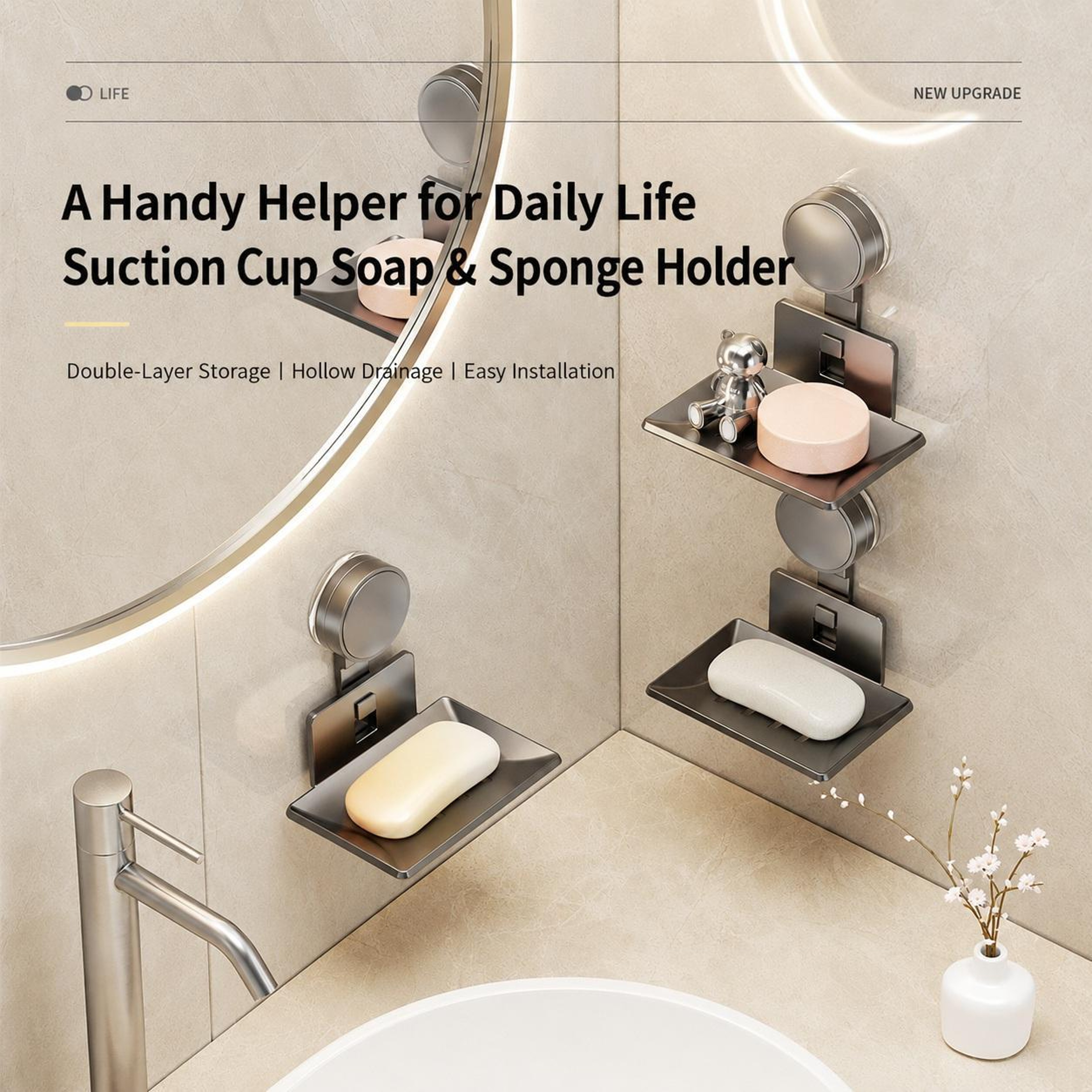 No Drill Suction Cup Soap Holder Drainable Wall Mounted Bathroom Storage Tray 4