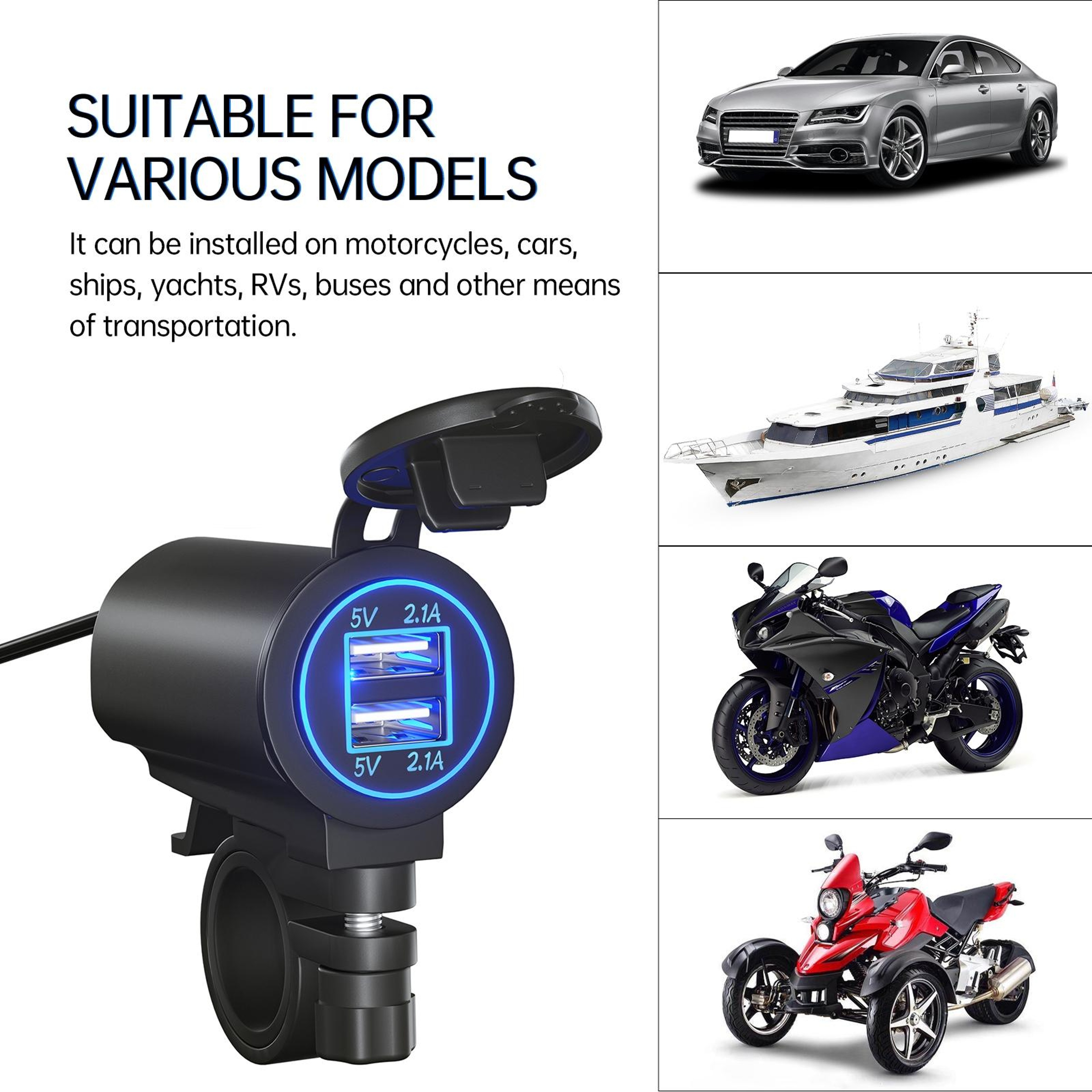 Fast Charge Dual USB Car  Motorcycle Charger With Blue LED Power Indicator 6