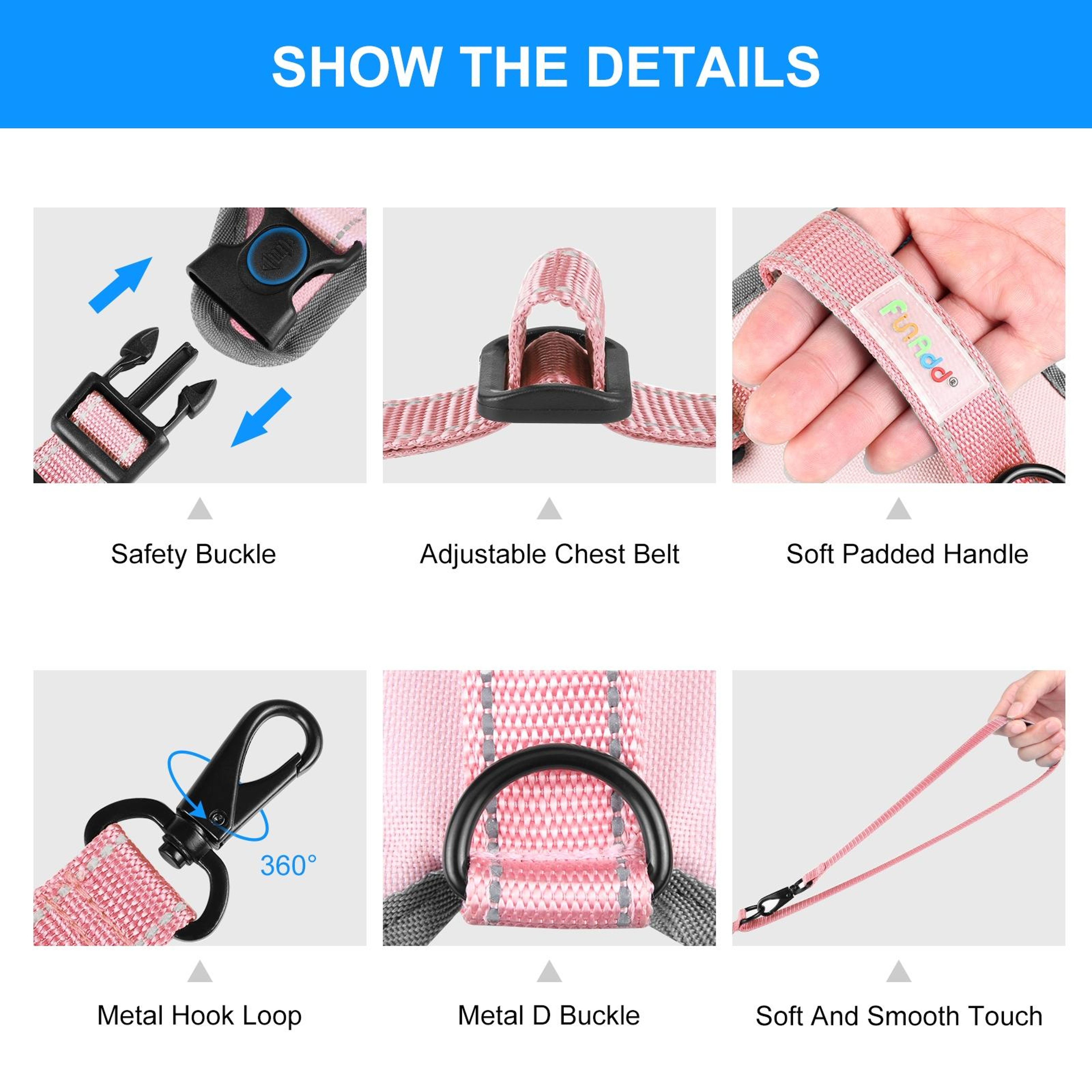FunAdd Reflective Dog Harness Breathable Adjustable No Pull Pet Vest With Leash 3
