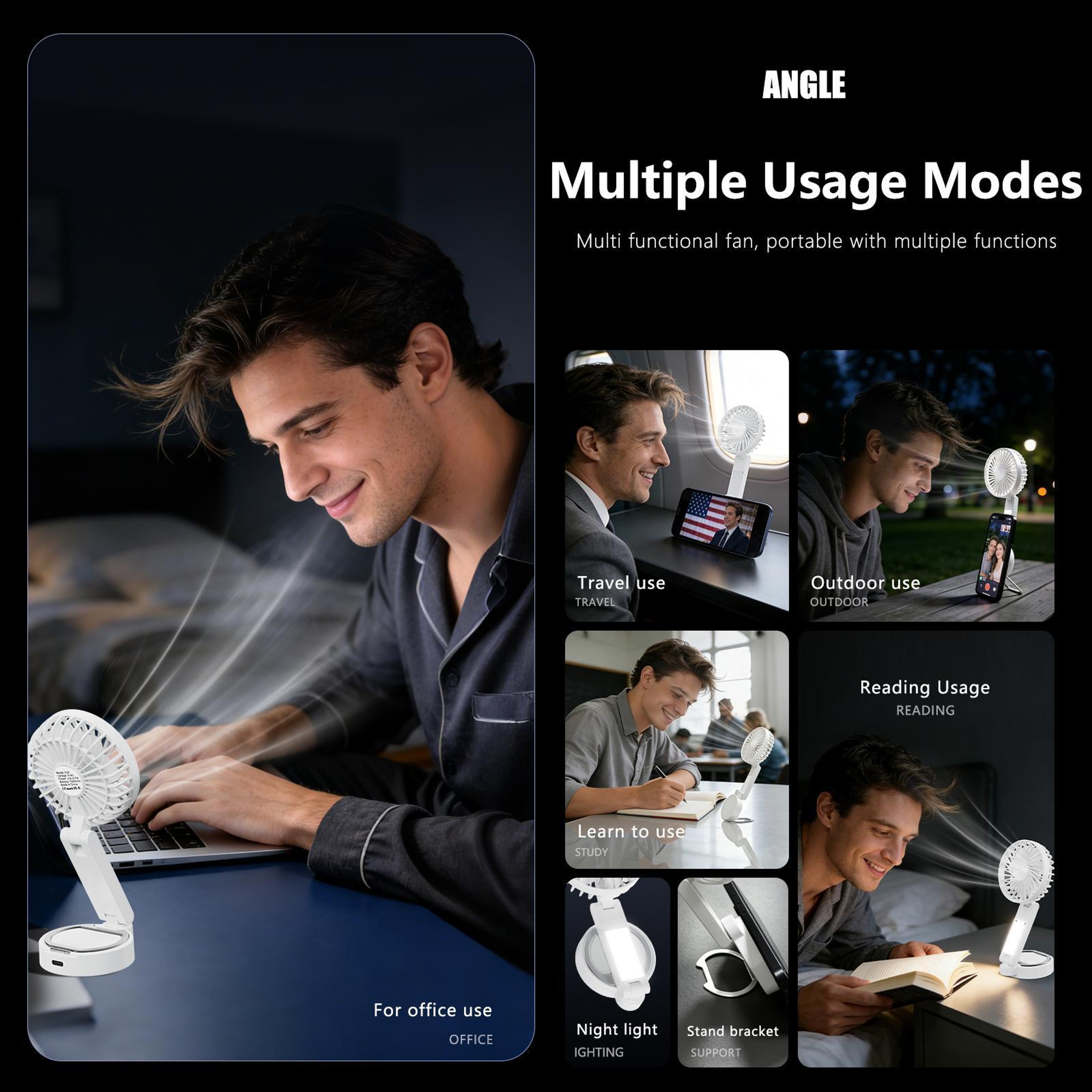 Portable Folding Fan with LED Light Magnetic Phone Mount Rechargeable Handheld Fan – view 5