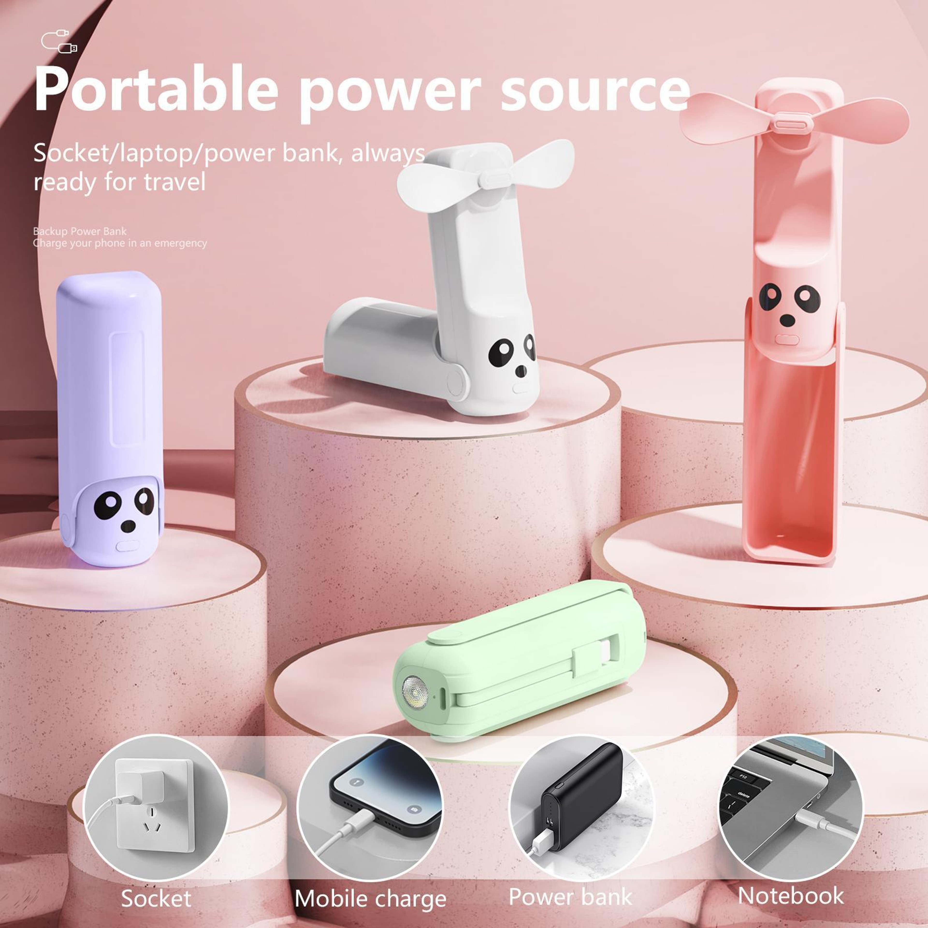 Portable Handheld Fan Mini Folding Rechargeable USB Type C Fan With BuiltIn Power Bank  Flashlight 1
