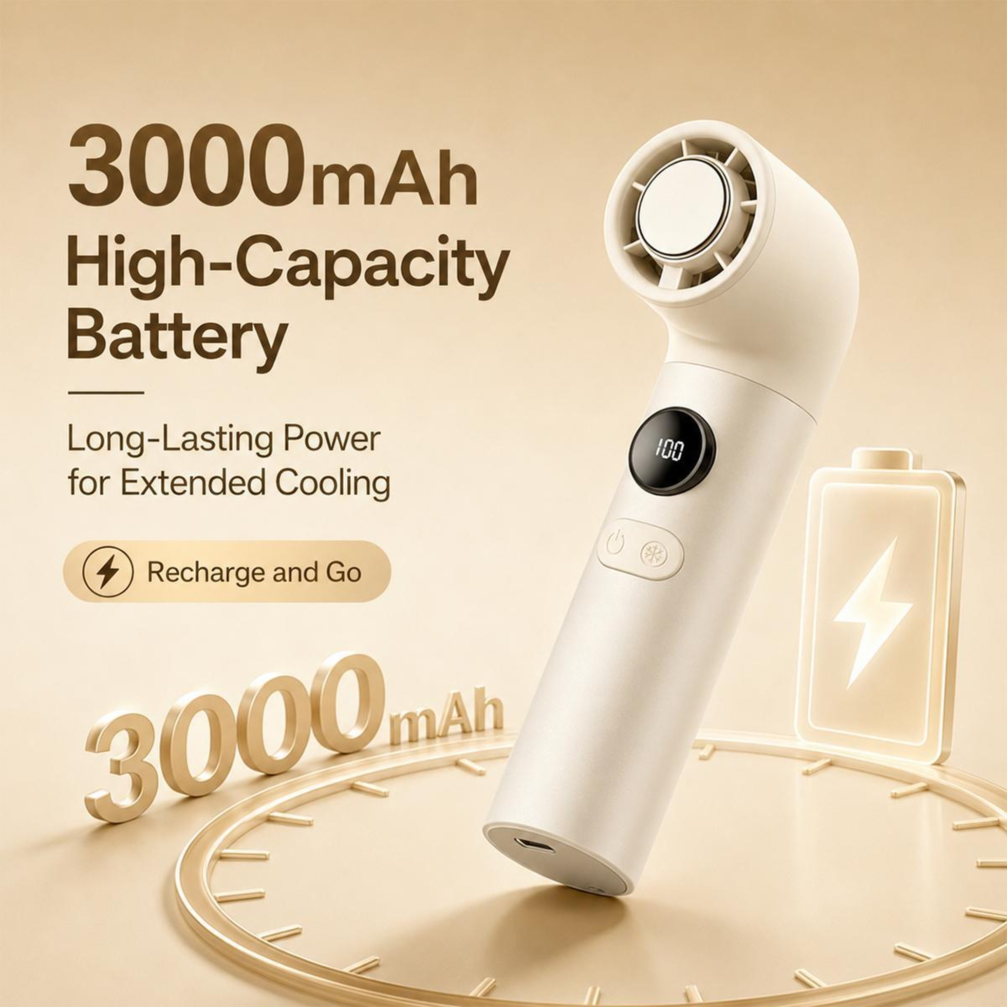 Portable Handheld Fan with Ice Cooling Digital Display Rechargeable Mini Turbo Fan Champagne Gold – view 8