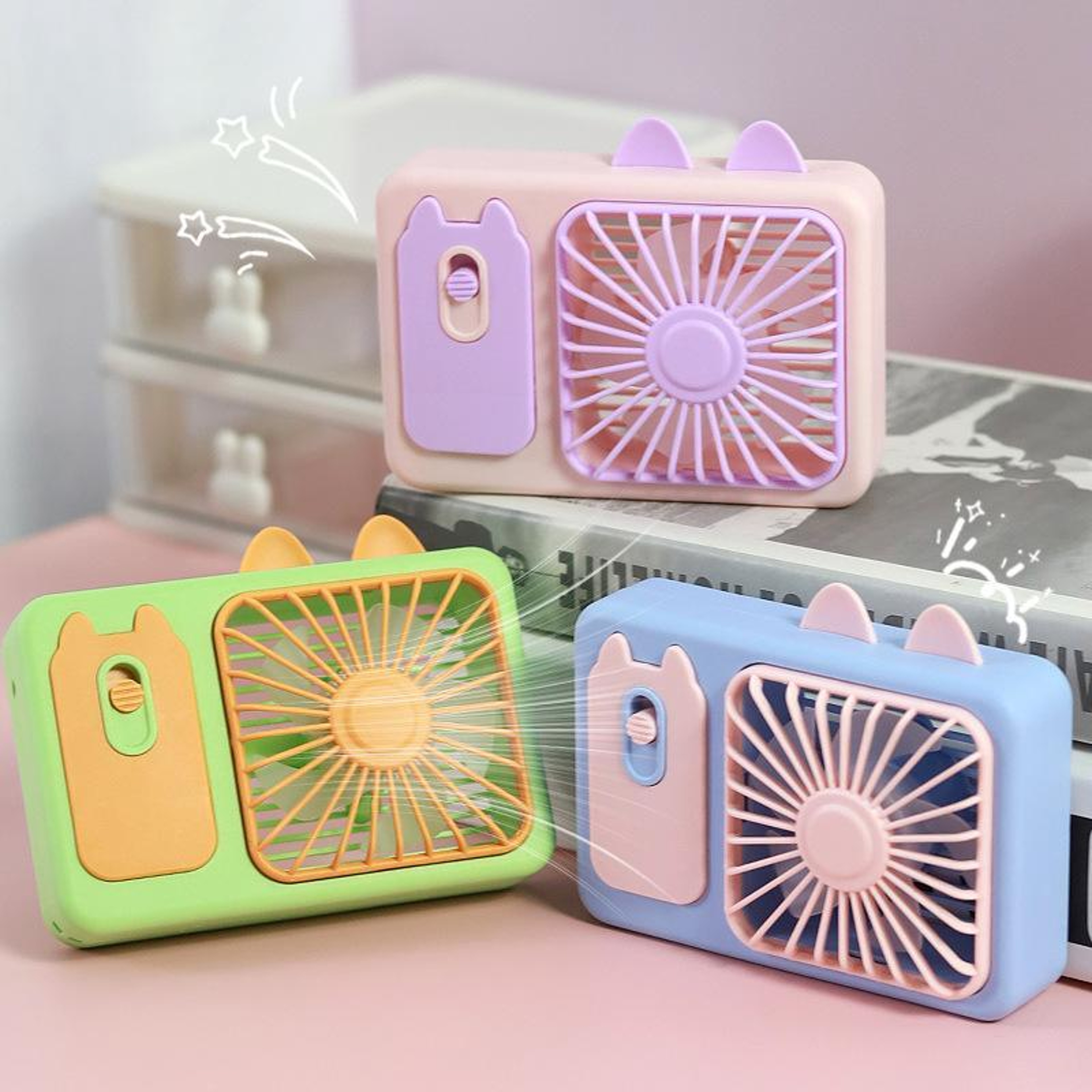Cute Kitten Portable Handheld Fan USB Rechargeable Mini Fan With Stand For Desk And Travel 3