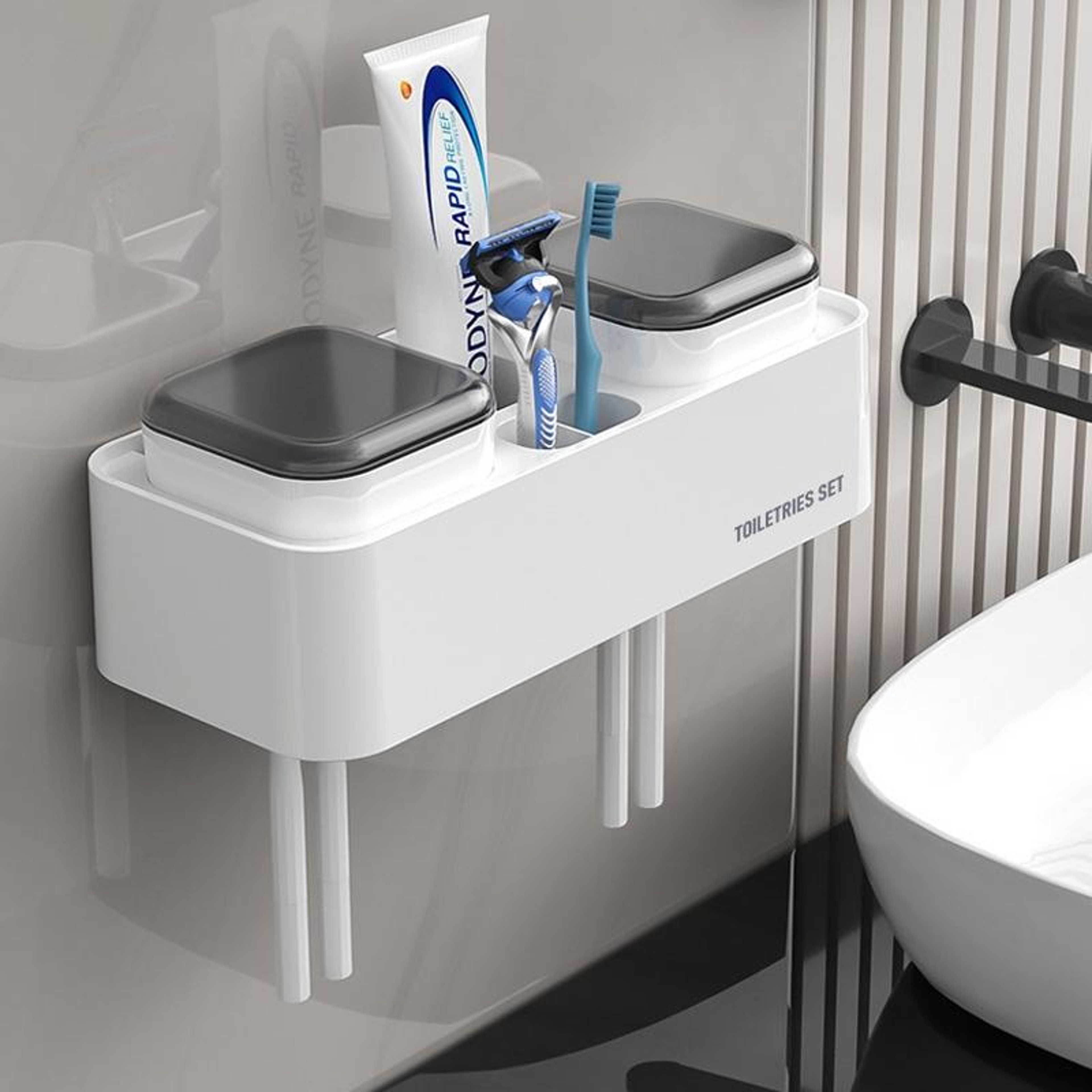Wall Mounted Toothbrush Holder With Double Cups Bathroom Storage Rack And Toothpaste Organizer 5