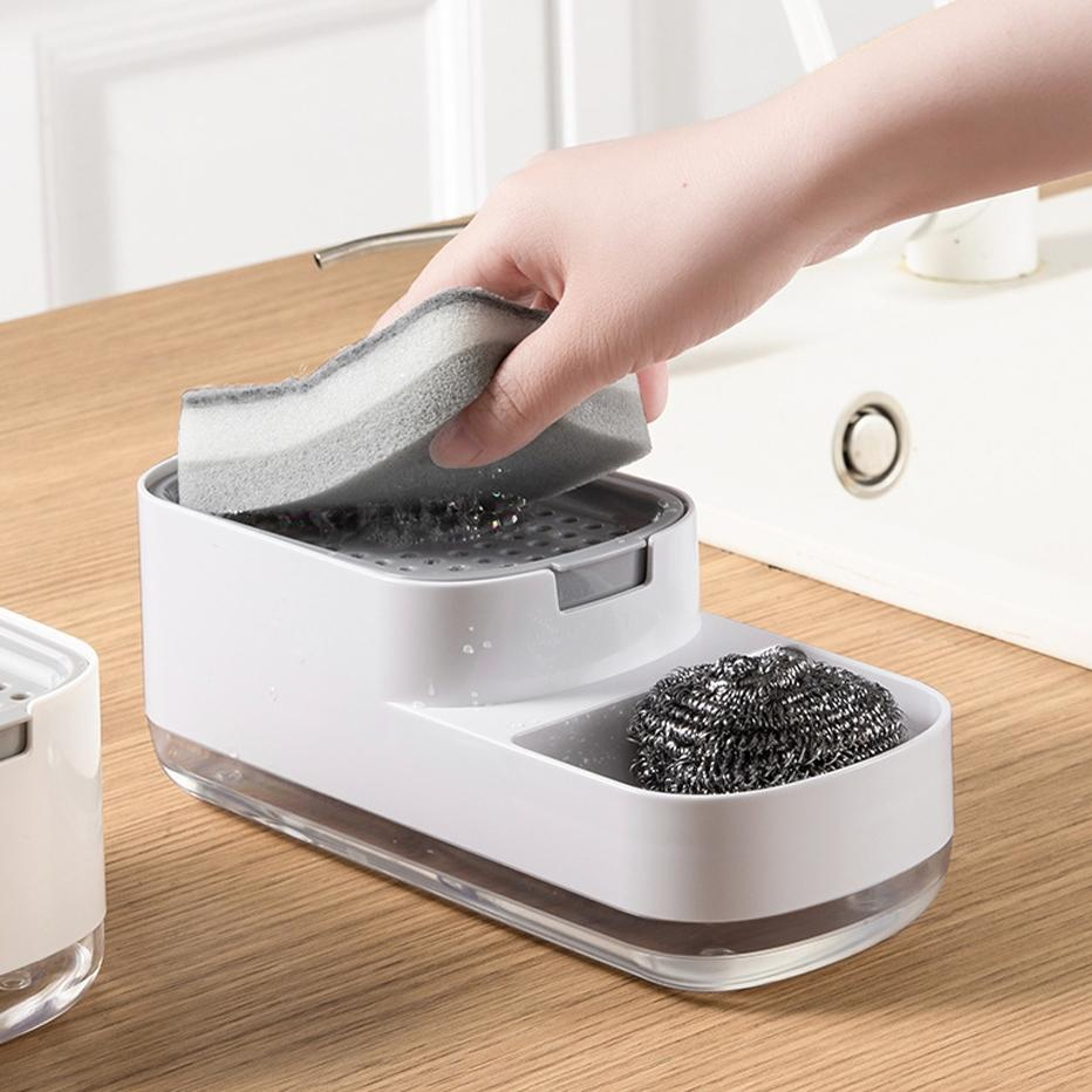 Automatic Kitchen Soap Dispenser With Sponge Holder Countertop Sink Organizer For Easy Dishwashing 6