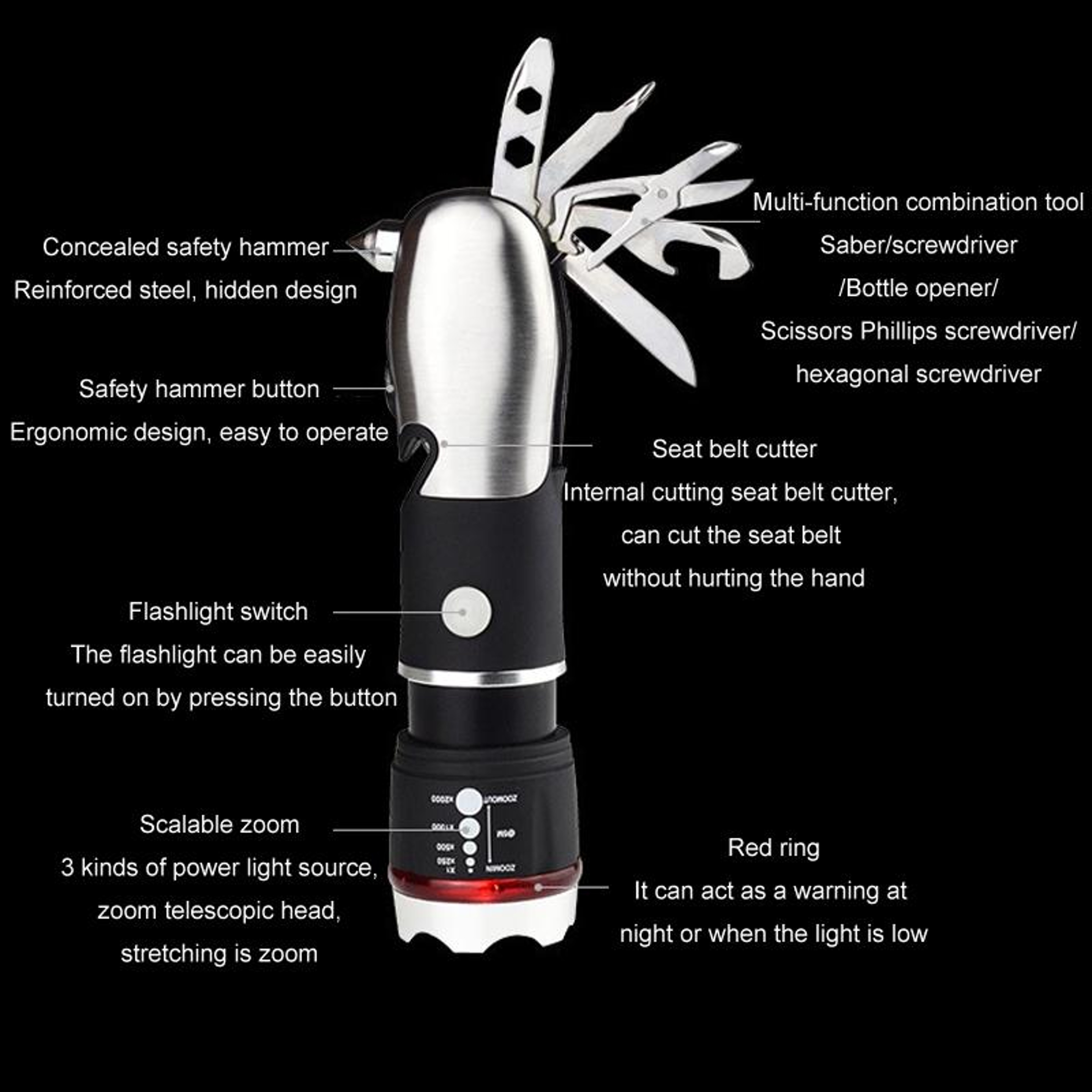 Outdoor Emergency Escape Tool Safety Hammer Emergency Flashlight – view 4