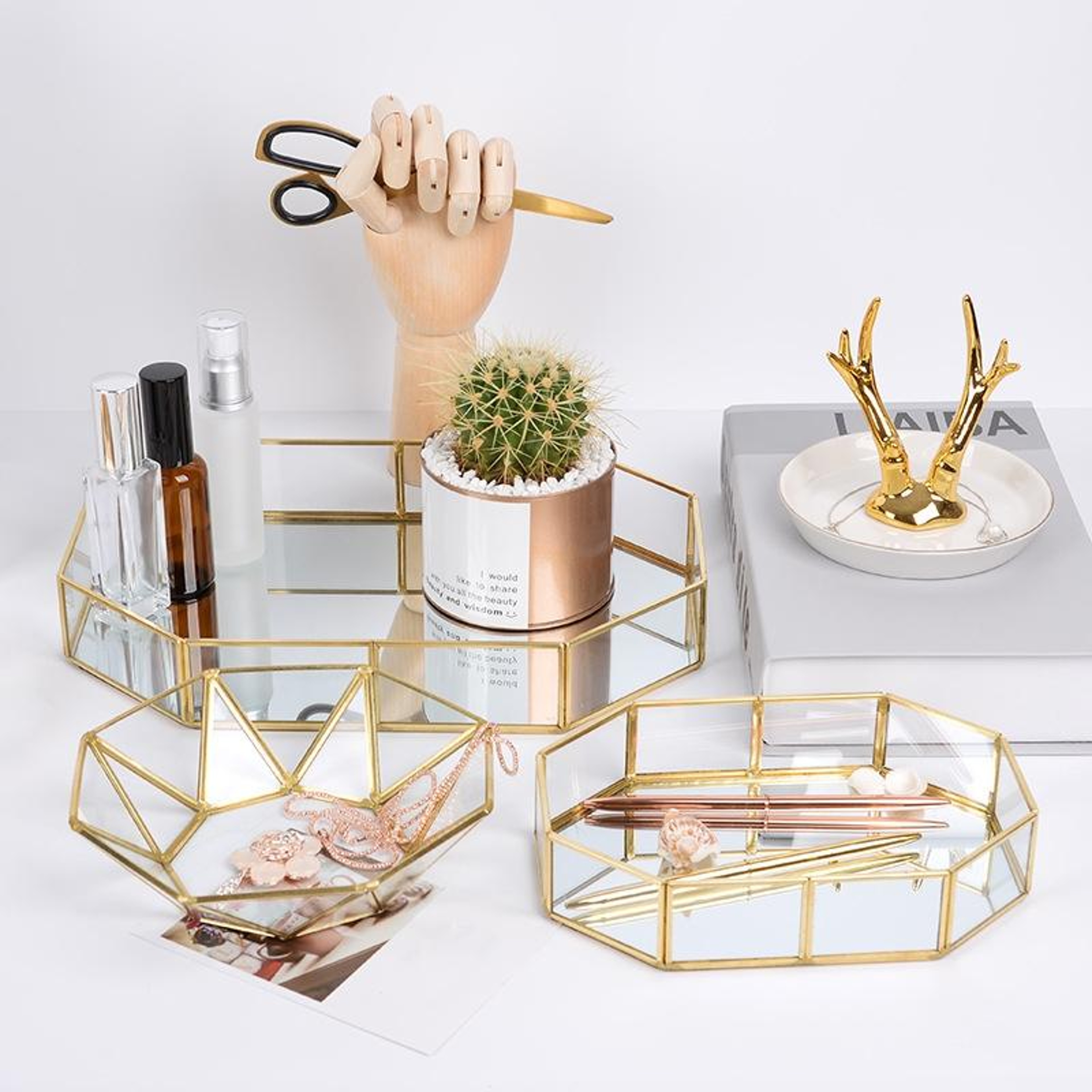 Vintage Glass Vanity Tray Gold Brass Mirror Jewelry Organizer for Cosmetics Perfume and Decor – view 3
