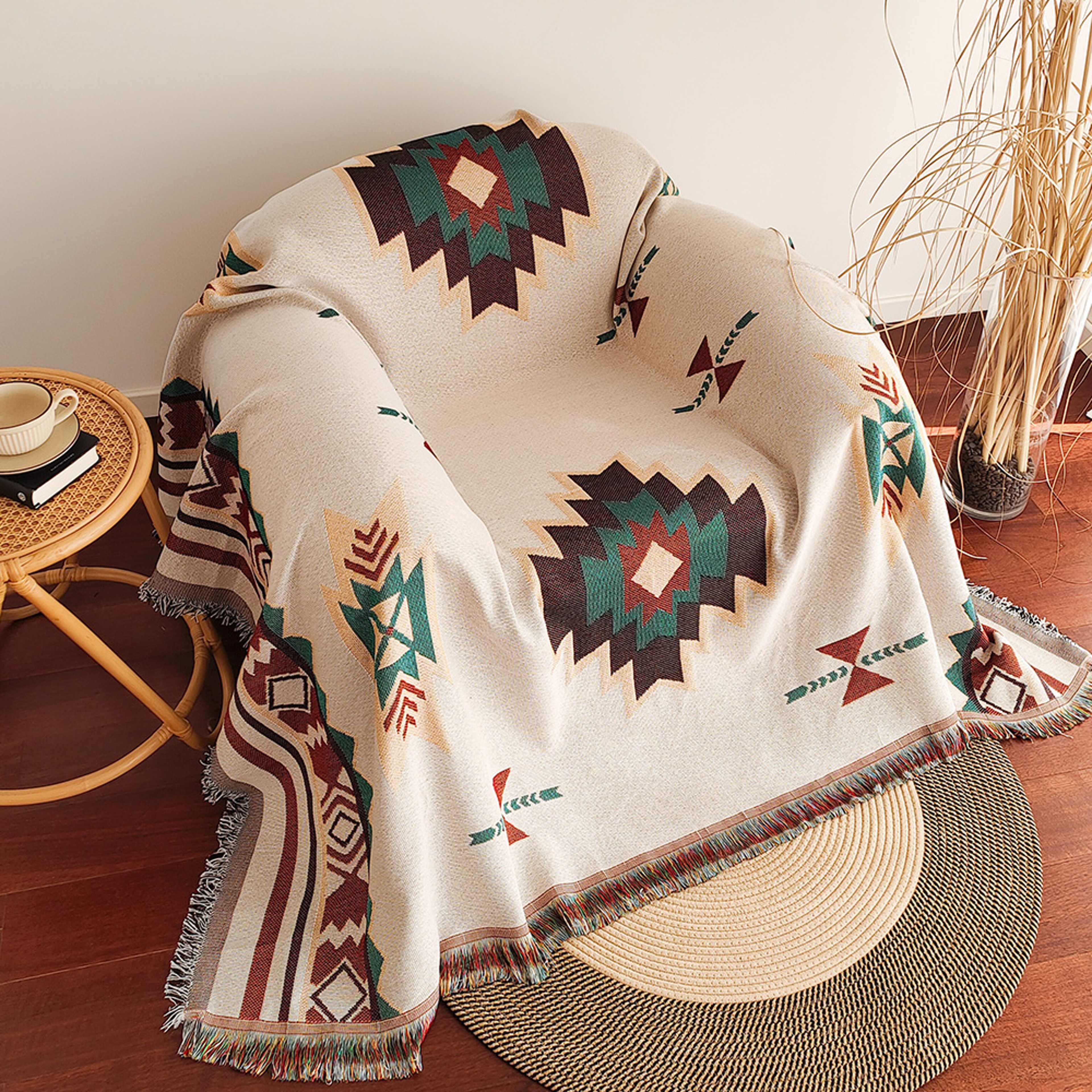 Aztec Blanket Boho Chic Oversized Throw with Fringe, Soft Vintage Woven Geometric Blanket for Home & Gifts – view 8