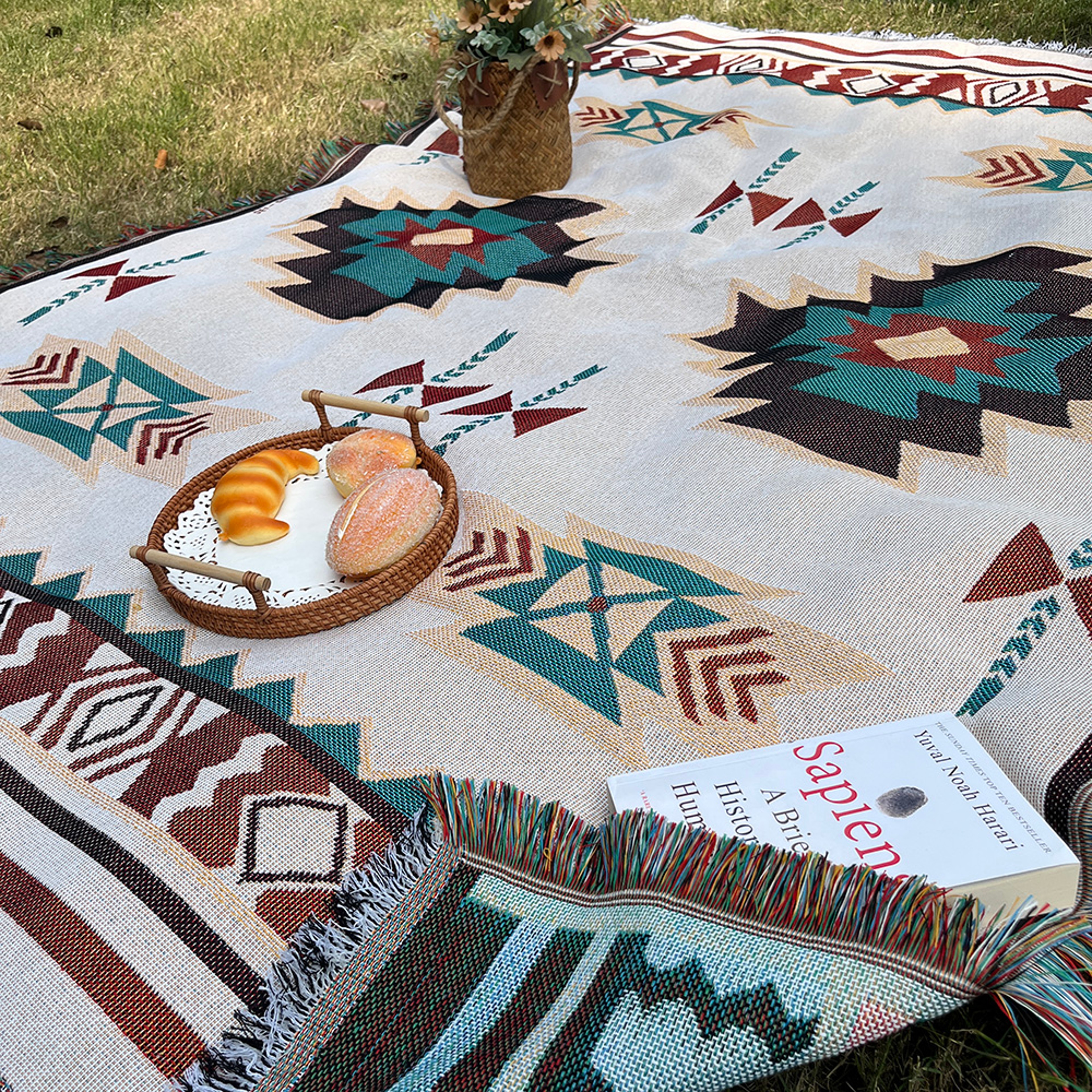 Aztec Blanket Boho Chic Oversized Throw with Fringe, Soft Vintage Woven Geometric Blanket for Home & Gifts – view 6