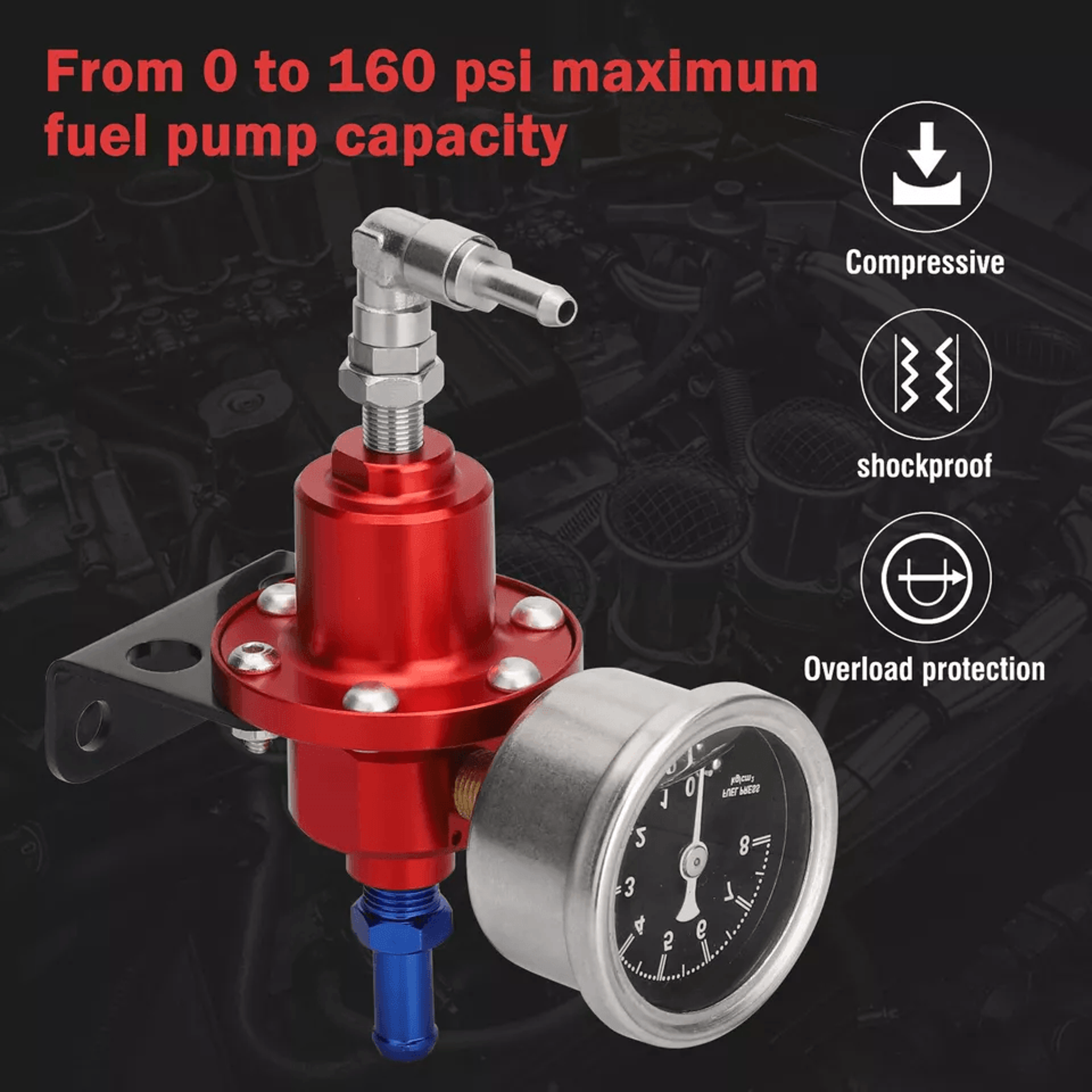 Universal Adjustable Car Fuel Pressure Regulator Kit With OilFilled Gauge High Performance Aluminum 2