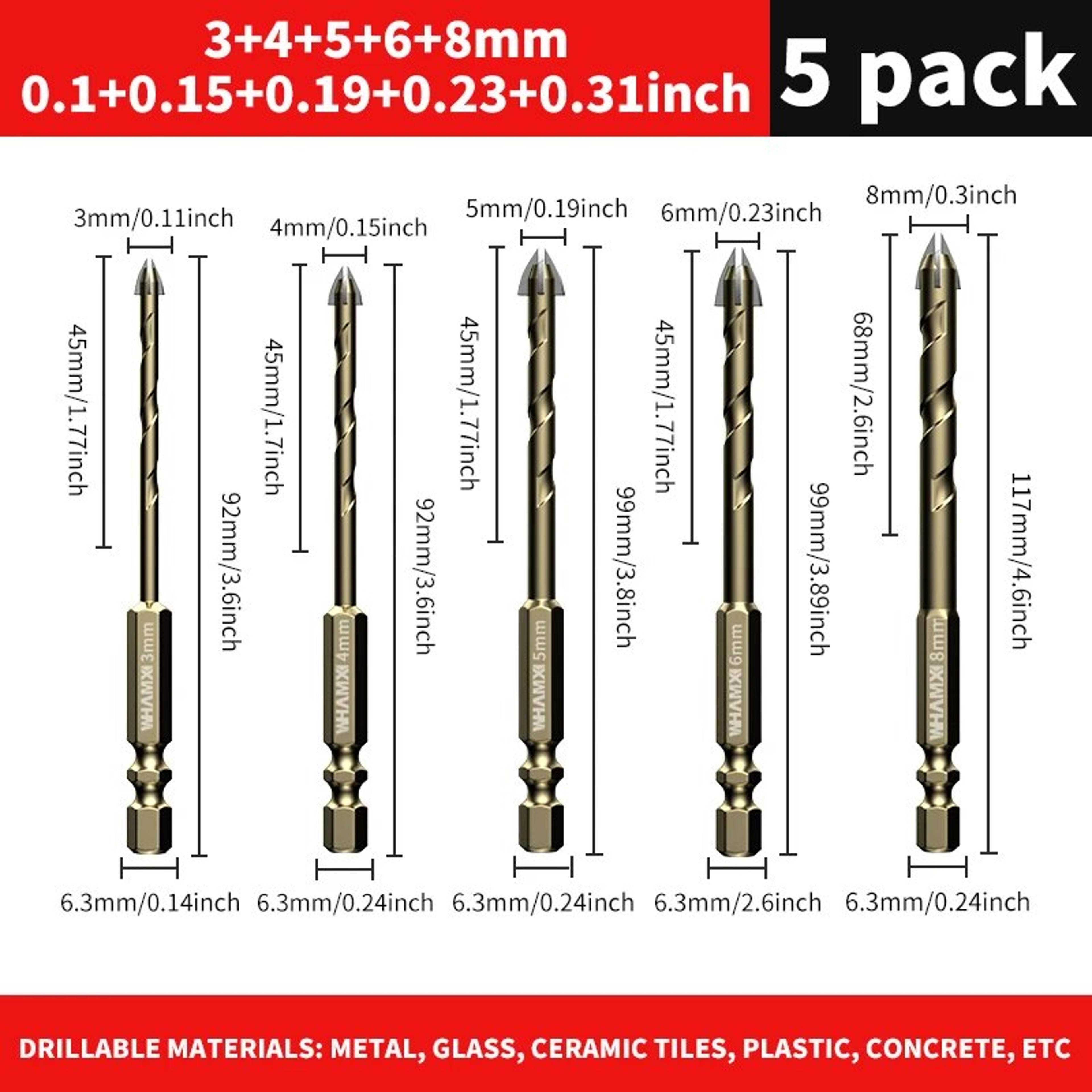 Cross Hex Tile Drill Bit Set, Tungsten Carbide Hard Alloy Bits for Glass, Concrete & Ceramic Tiles – view 7
