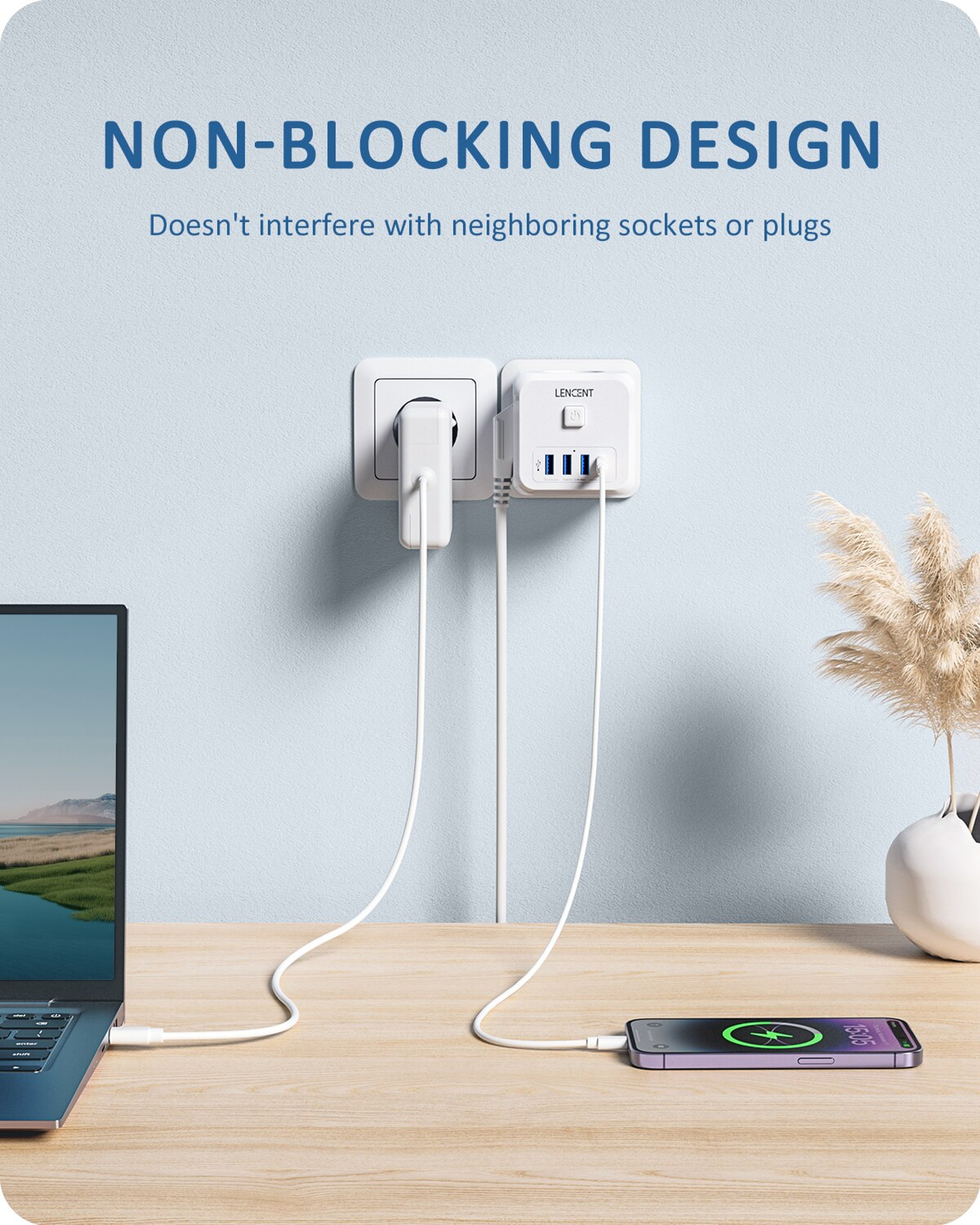 LENCENT Wall Socket Extender With 3 AC Outlets 3 USB Ports And1 Type C 7 In 1 EU Plug Charger OnOff 2