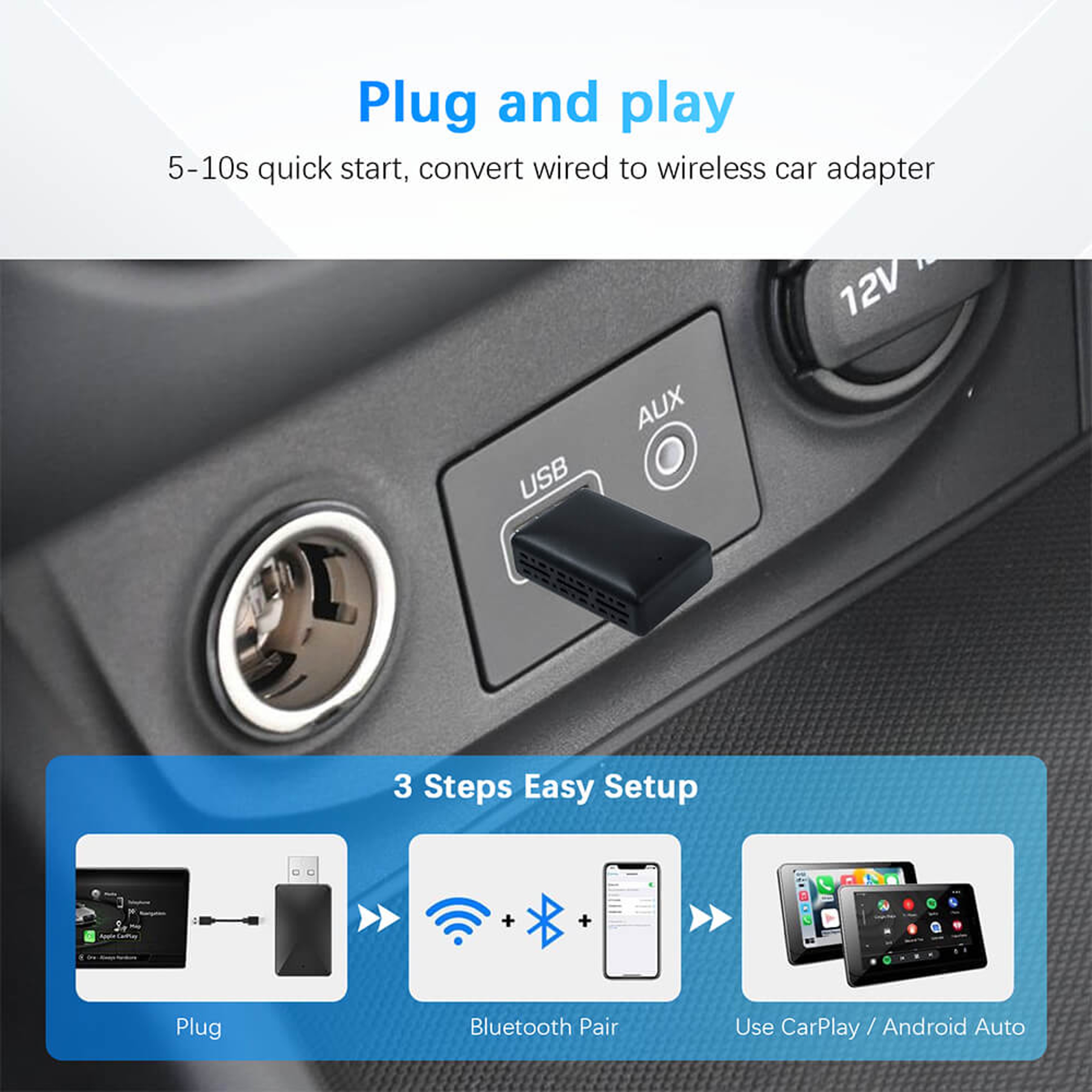 Wireless CarPlay Android Auto Adapter, Convert OEM Wired to Wireless, USB Plug & Play for Factory Car Stereo System – view 4