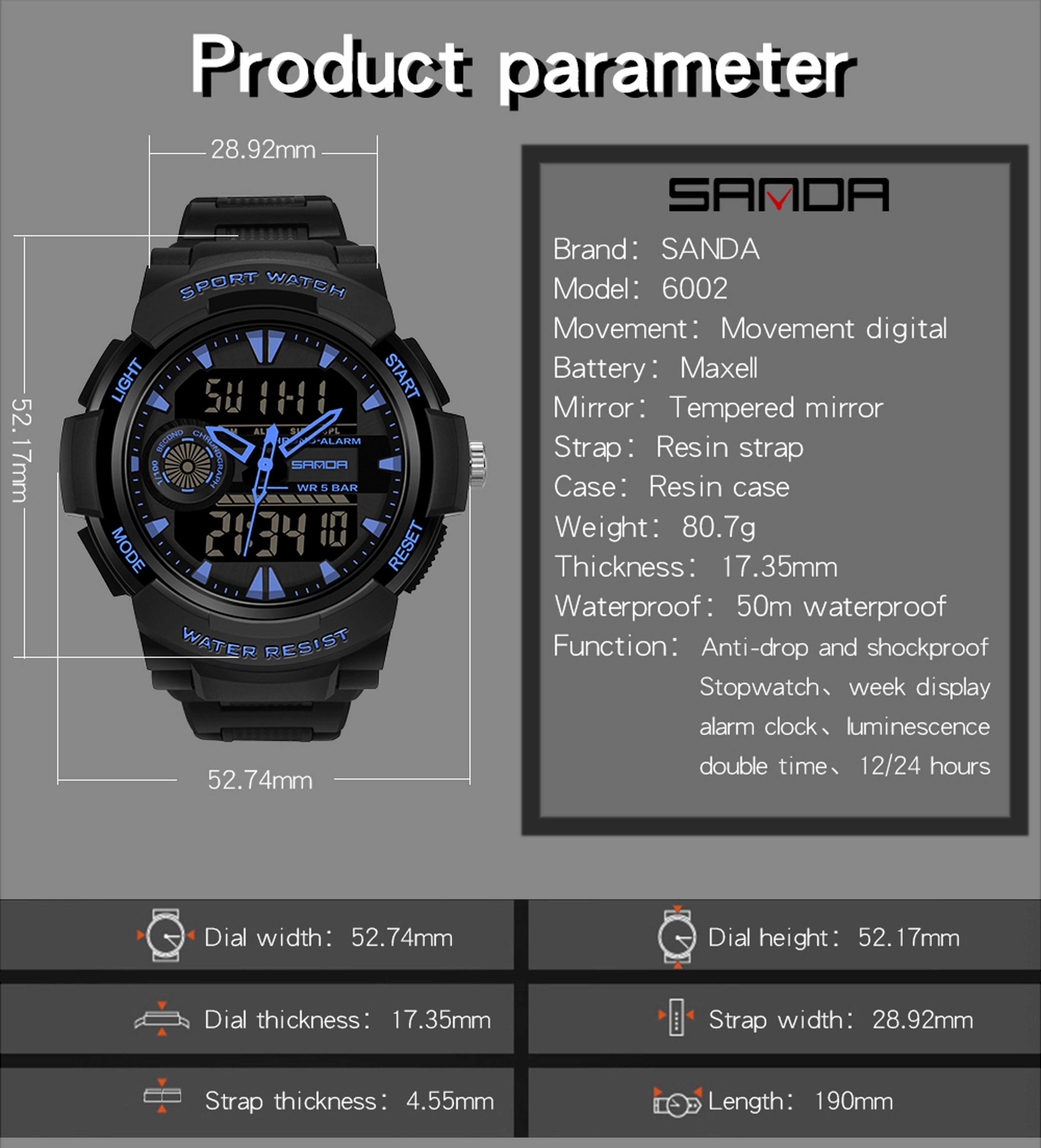 Student Sports Watch, Dual Display Waterproof Digital LED Watch, Multifunction Electronic Student Timepiece – view 5