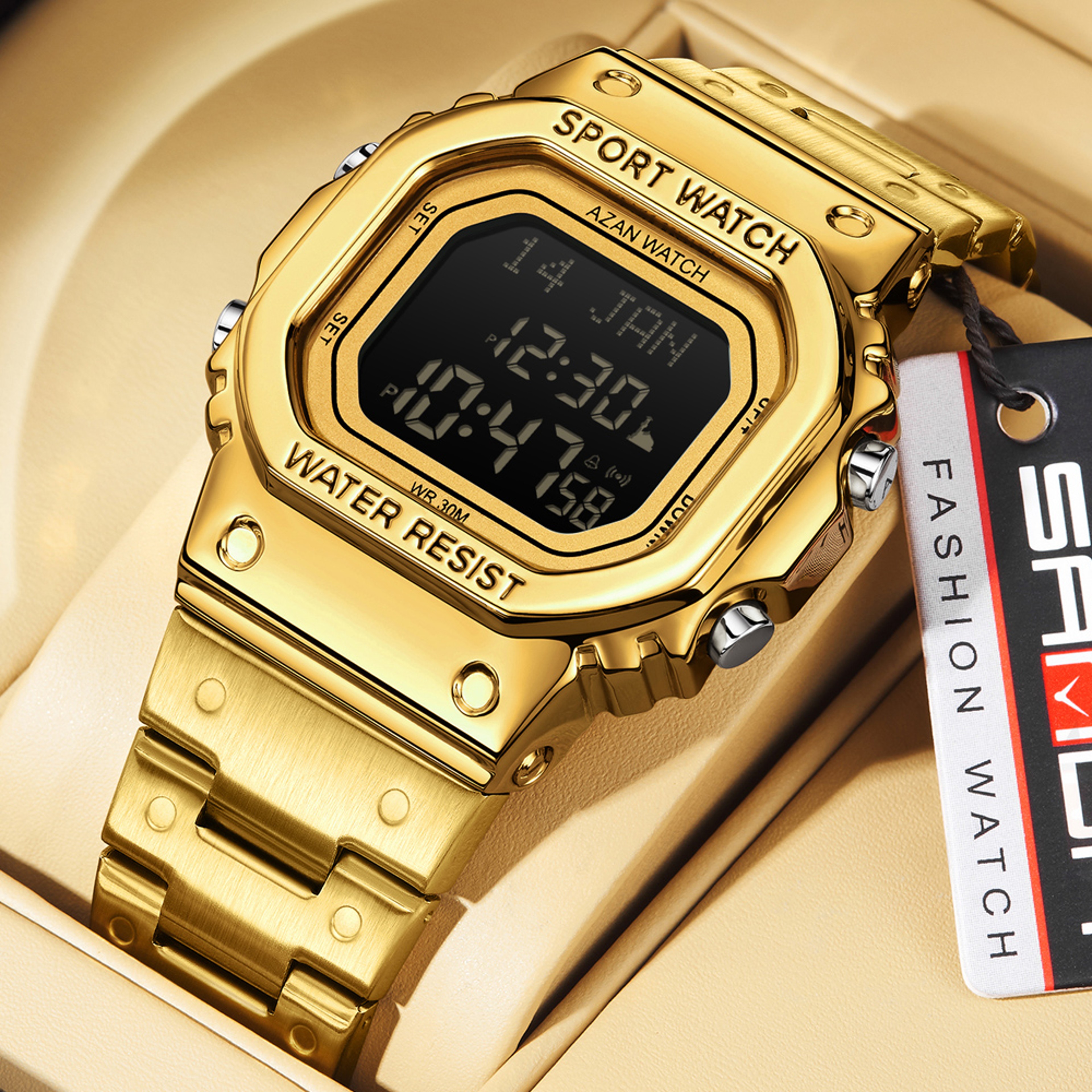 Waterproof Digital Men Watch, LED Chronograph Date Display, Luminous Golden Strap Wristwatch for Mens – view 1