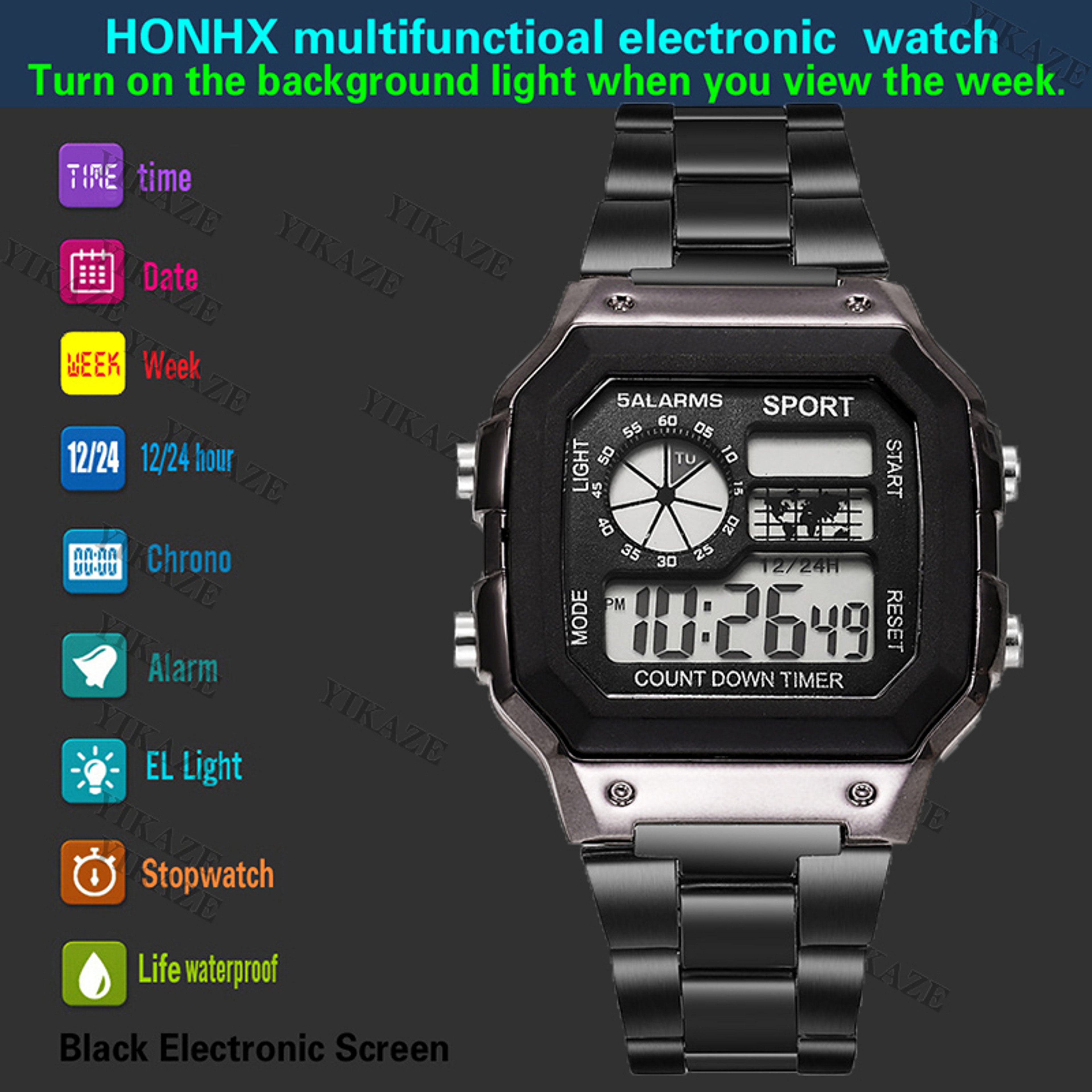 Men Digital Watch Stainless Steel Strap, Waterproof Countdown Sport Watches, LED Electronic Wristwatch for Gift – view 3