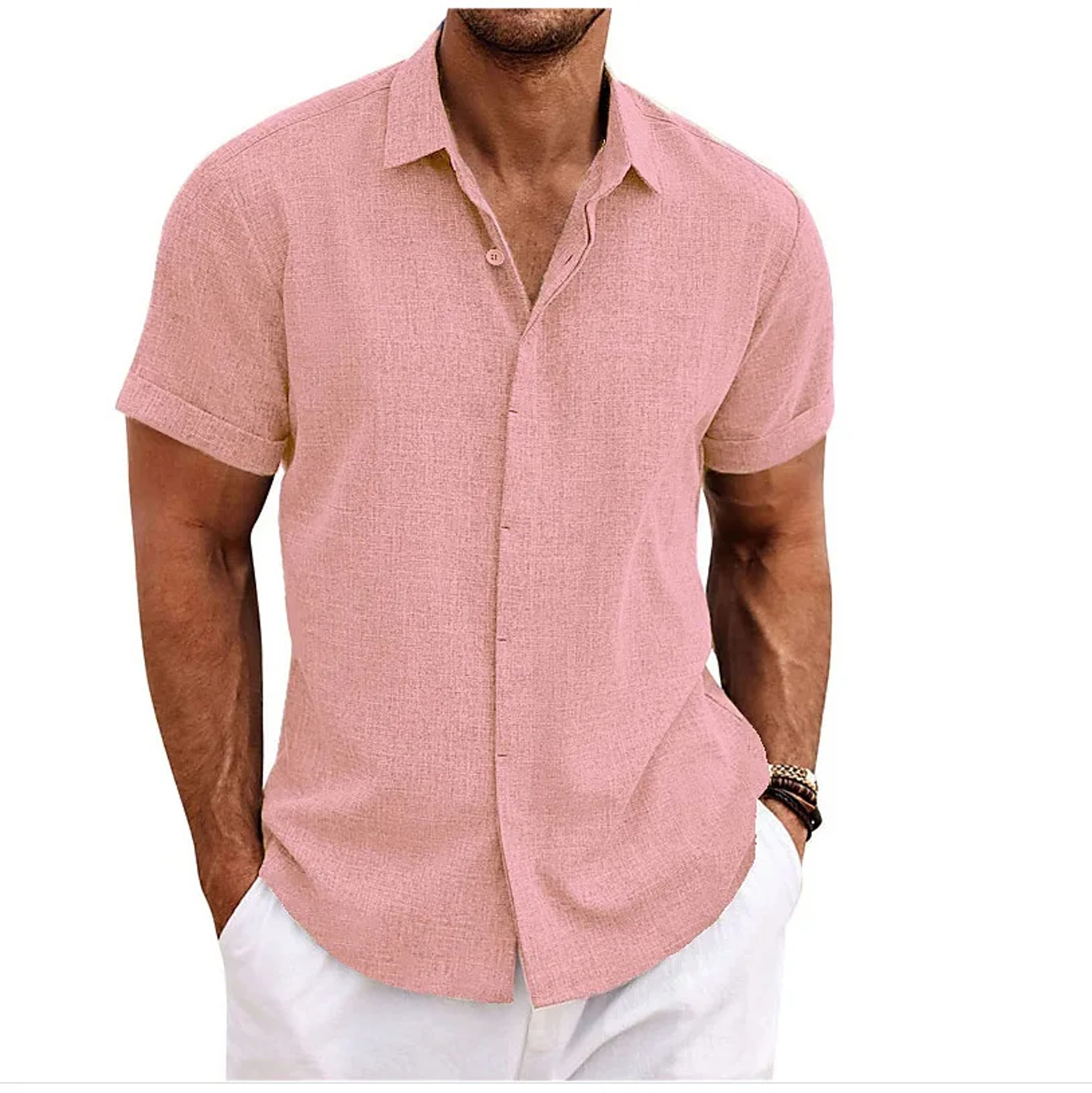 Premium Cotton Linen Mens Cardigan Shirt, Double Placket Short Sleeves Lapel Shirt for Summer, Home Cross-Border Style – view 5