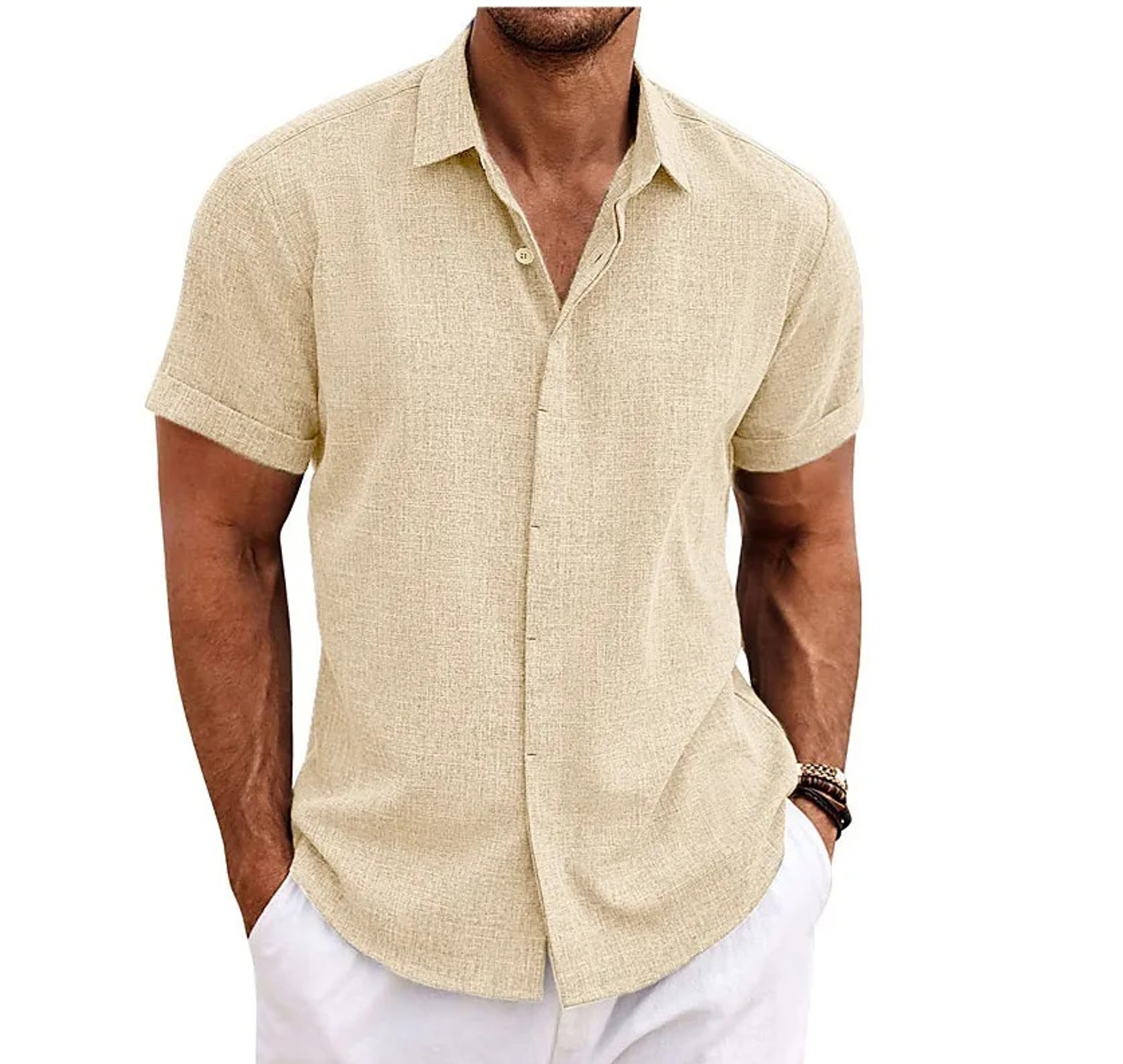 Premium Cotton Linen Mens Cardigan Shirt, Double Placket Short Sleeves Lapel Shirt for Summer, Home Cross-Border Style – view 8