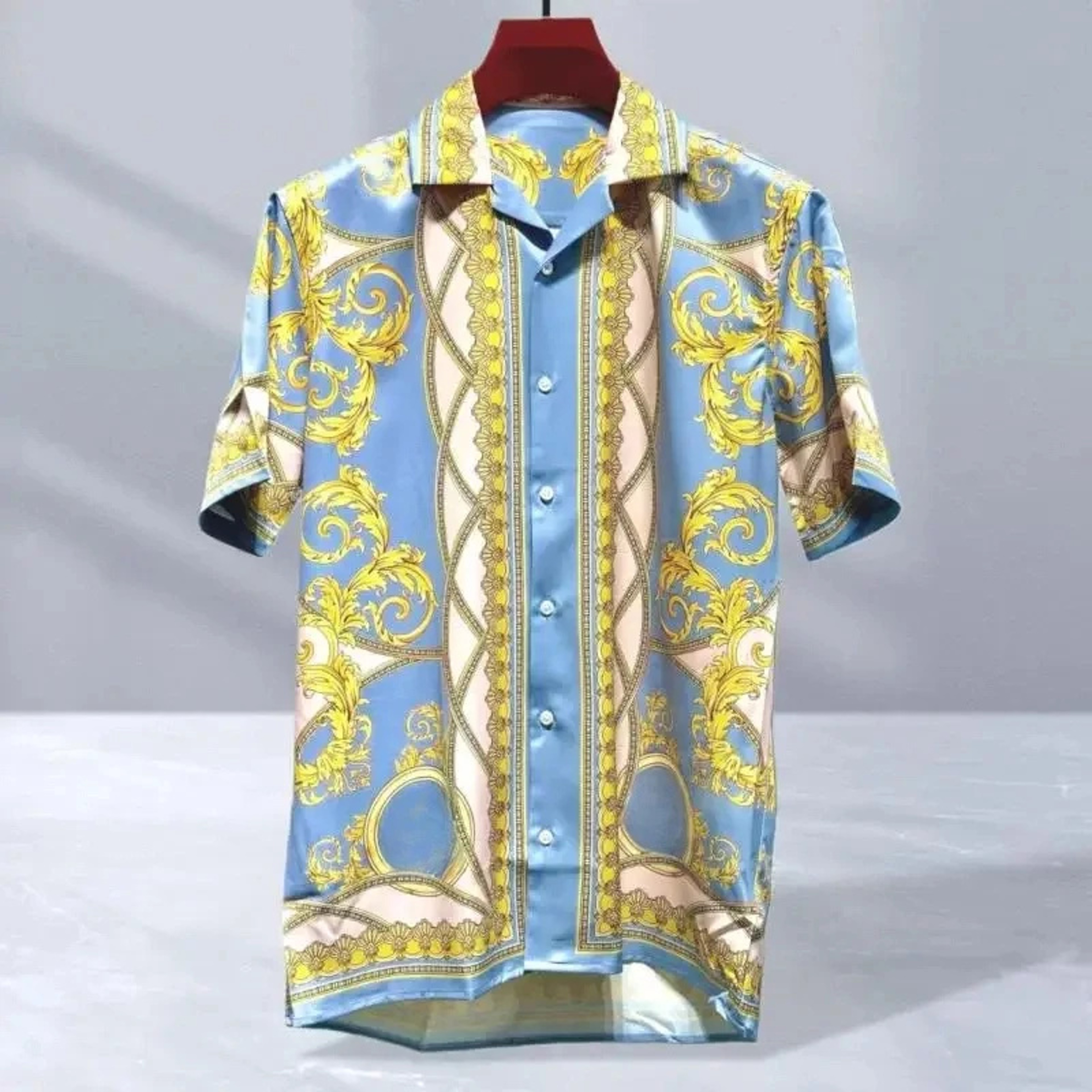 Mens Baroque Print Cuban Collar Short Sleeve Shirt – view 1