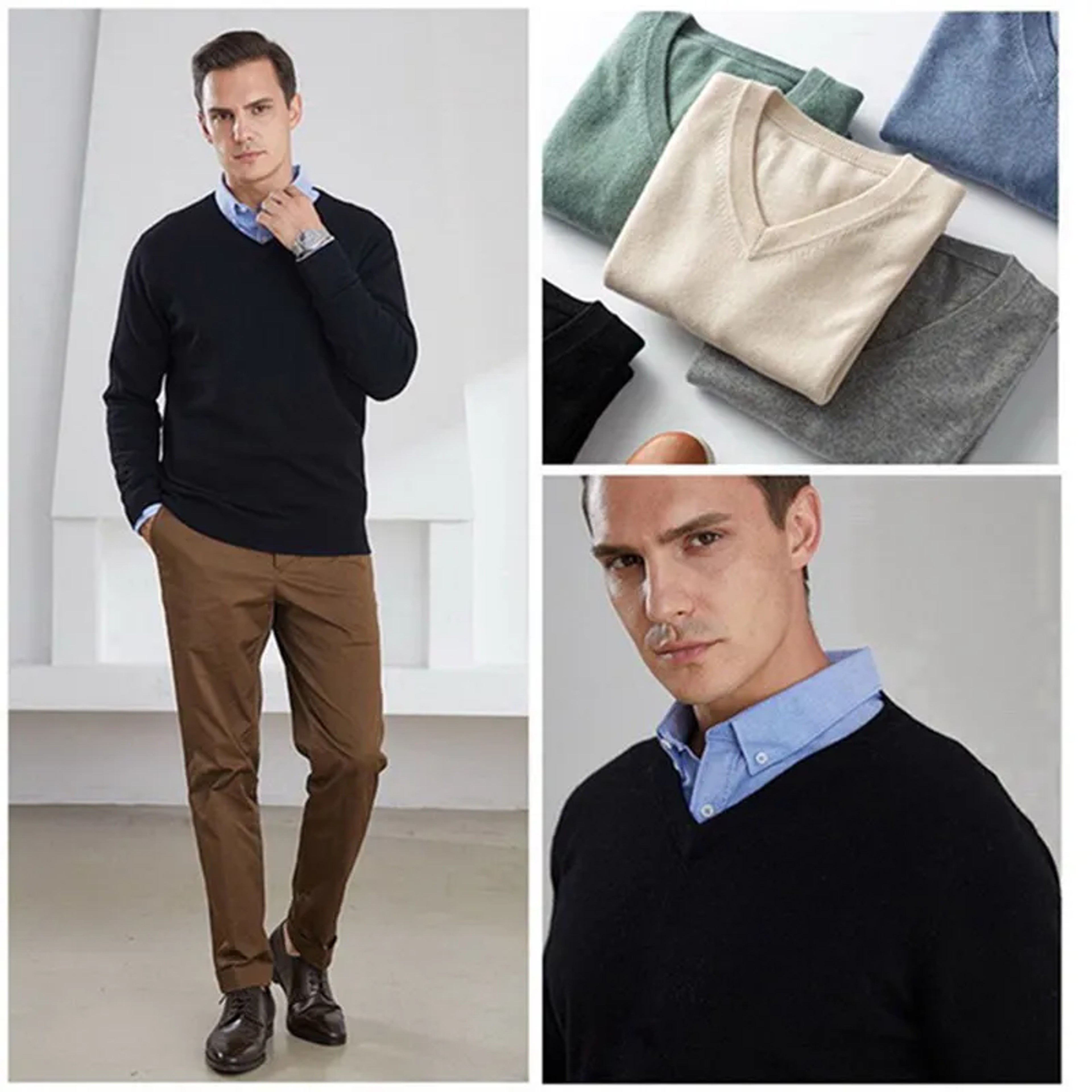 Mens Soft Cashmere Sweater, Autumn Winter Pullover Slim Fit V-Neck Knitted Woolen Knitwear for Business Casual Wear – view 4