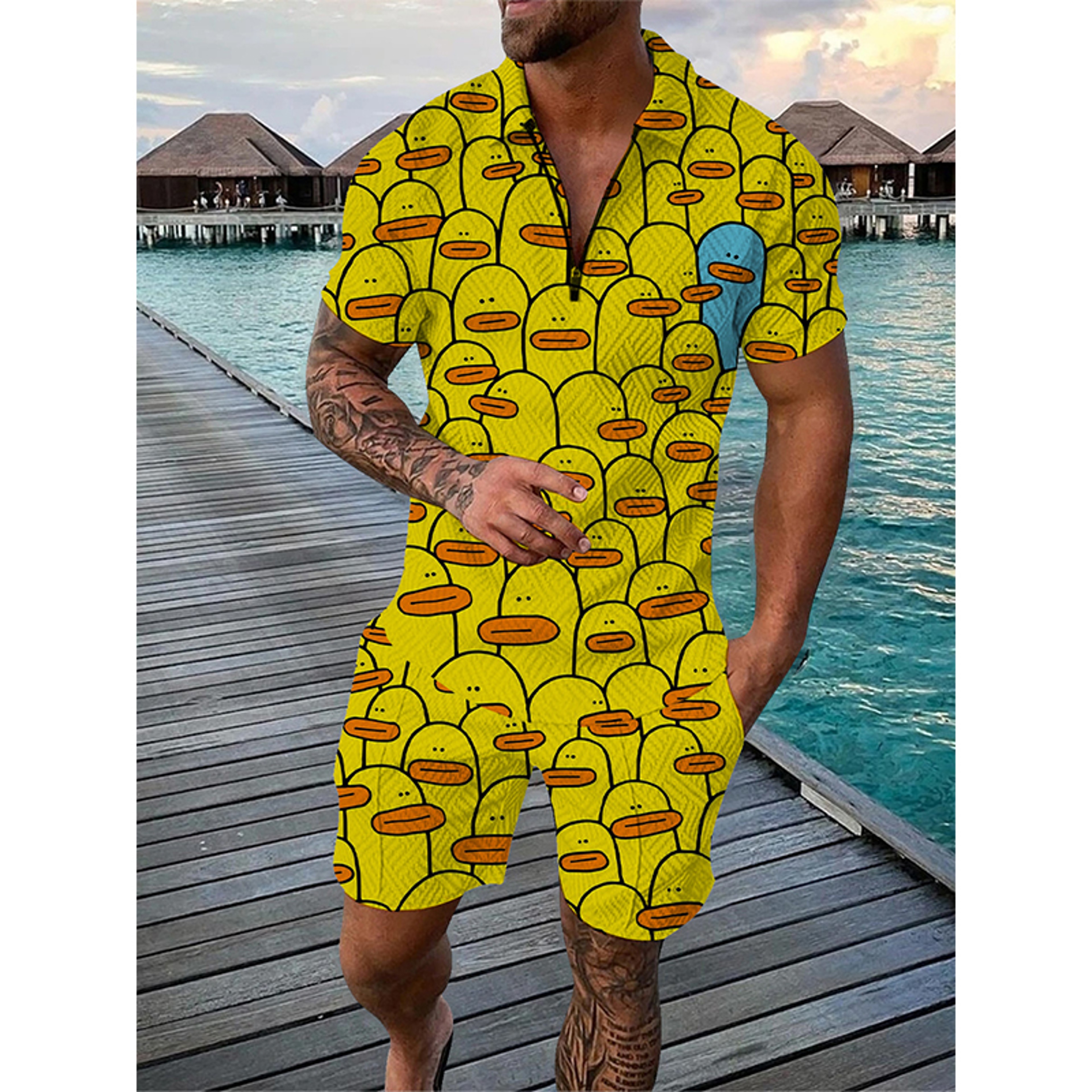 Summer Men Tracksuit Set Duck Panda 3D Print Oversized Streetwear Short Sleeve Zipper Polo Shirt & Shorts – view 8