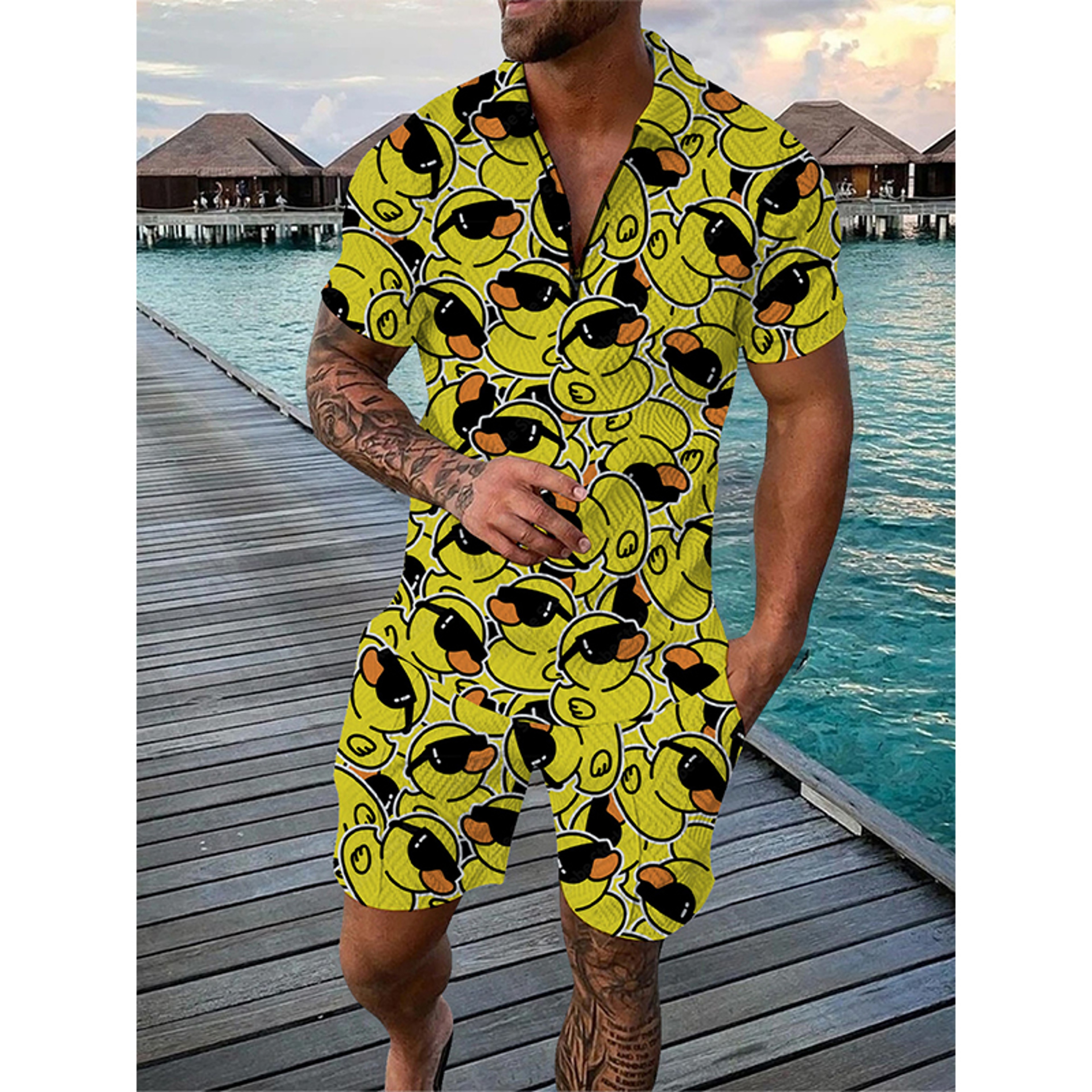 Summer Men Tracksuit Set Duck Panda 3D Print Oversized Streetwear Short Sleeve Zipper Polo Shirt & Shorts – view 9