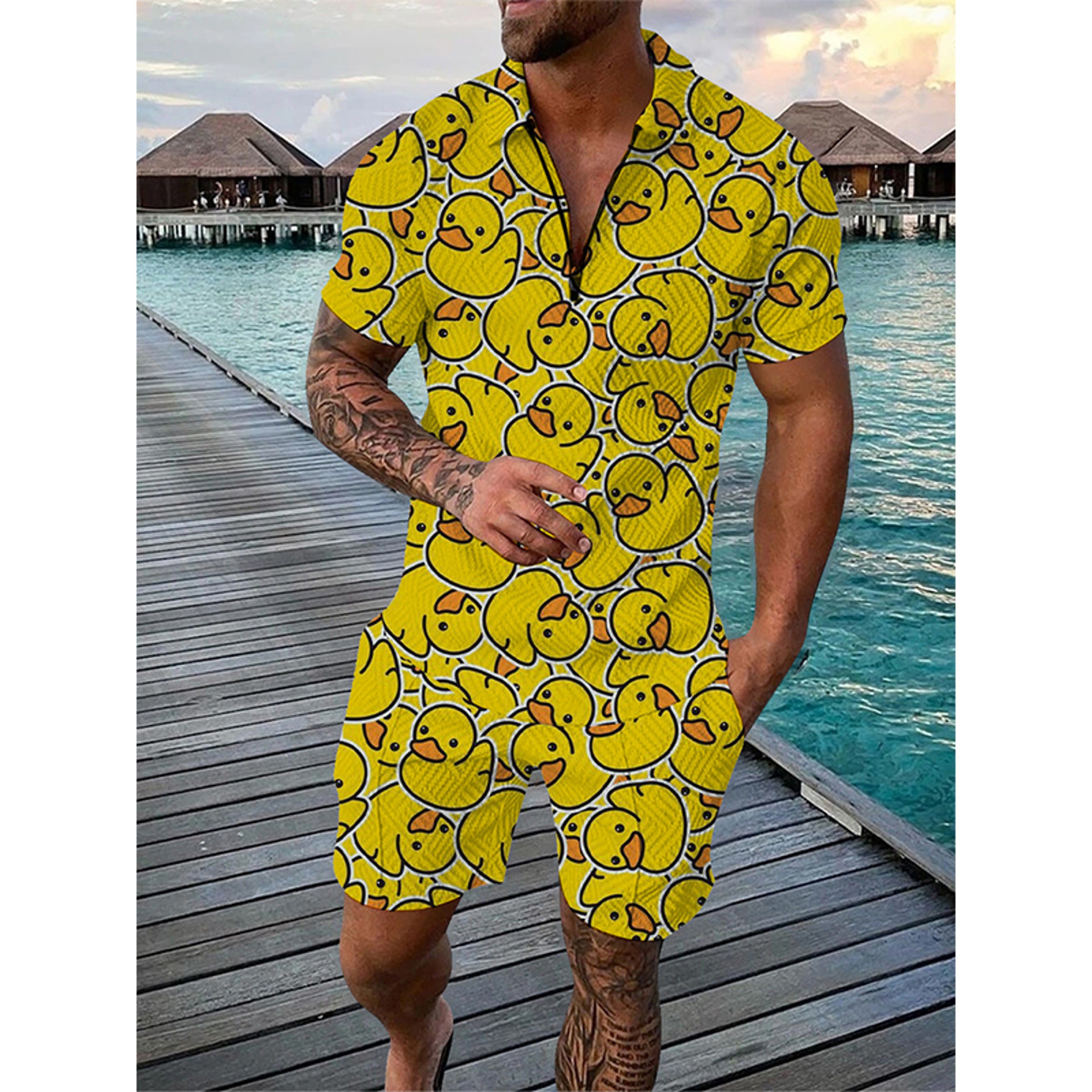Summer Men Tracksuit Set Duck Panda 3D Print Oversized Streetwear Short Sleeve Zipper Polo Shirt & Shorts – view 10