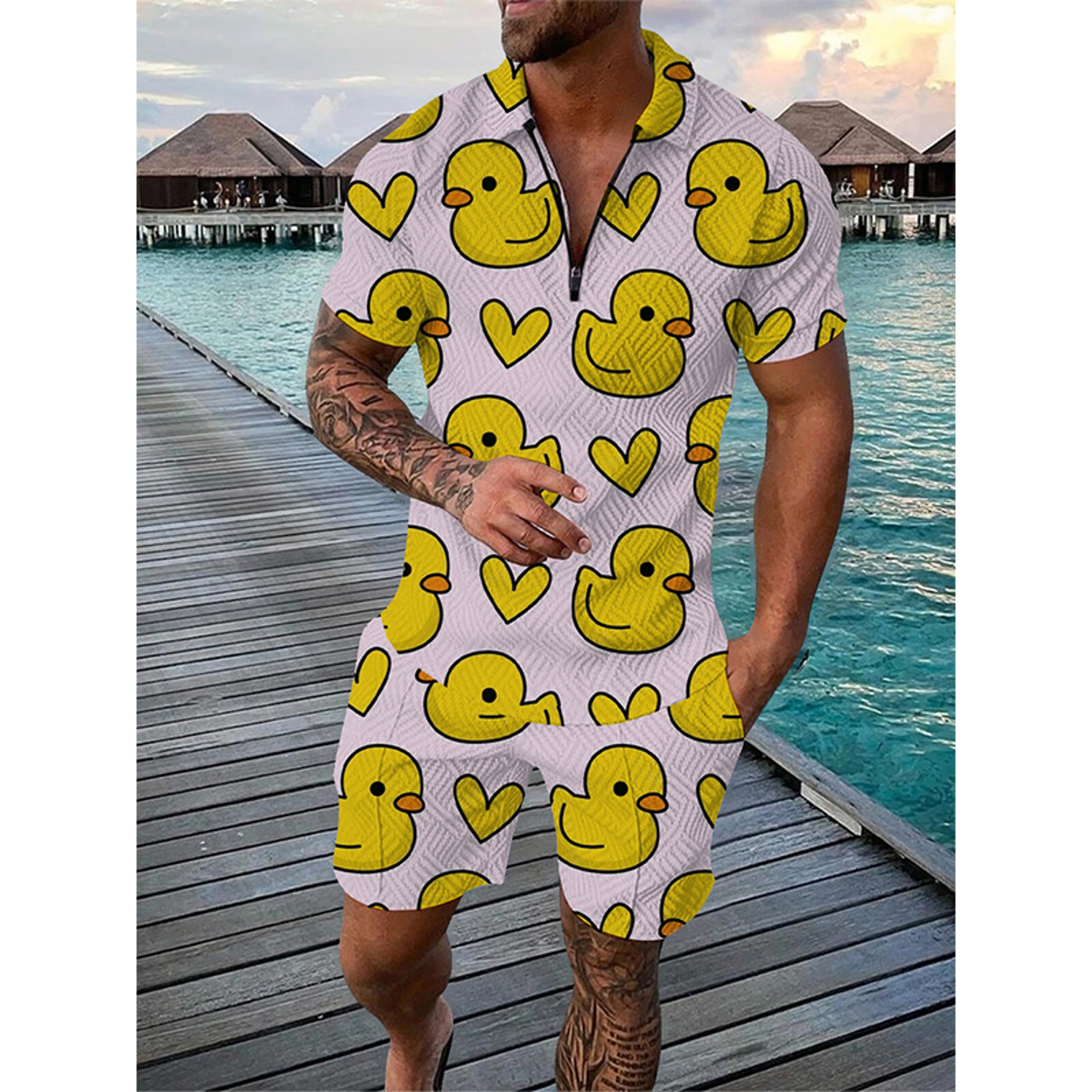 Summer Men Tracksuit Set Duck Panda 3D Print Oversized Streetwear Short Sleeve Zipper Polo Shirt & Shorts – view 13