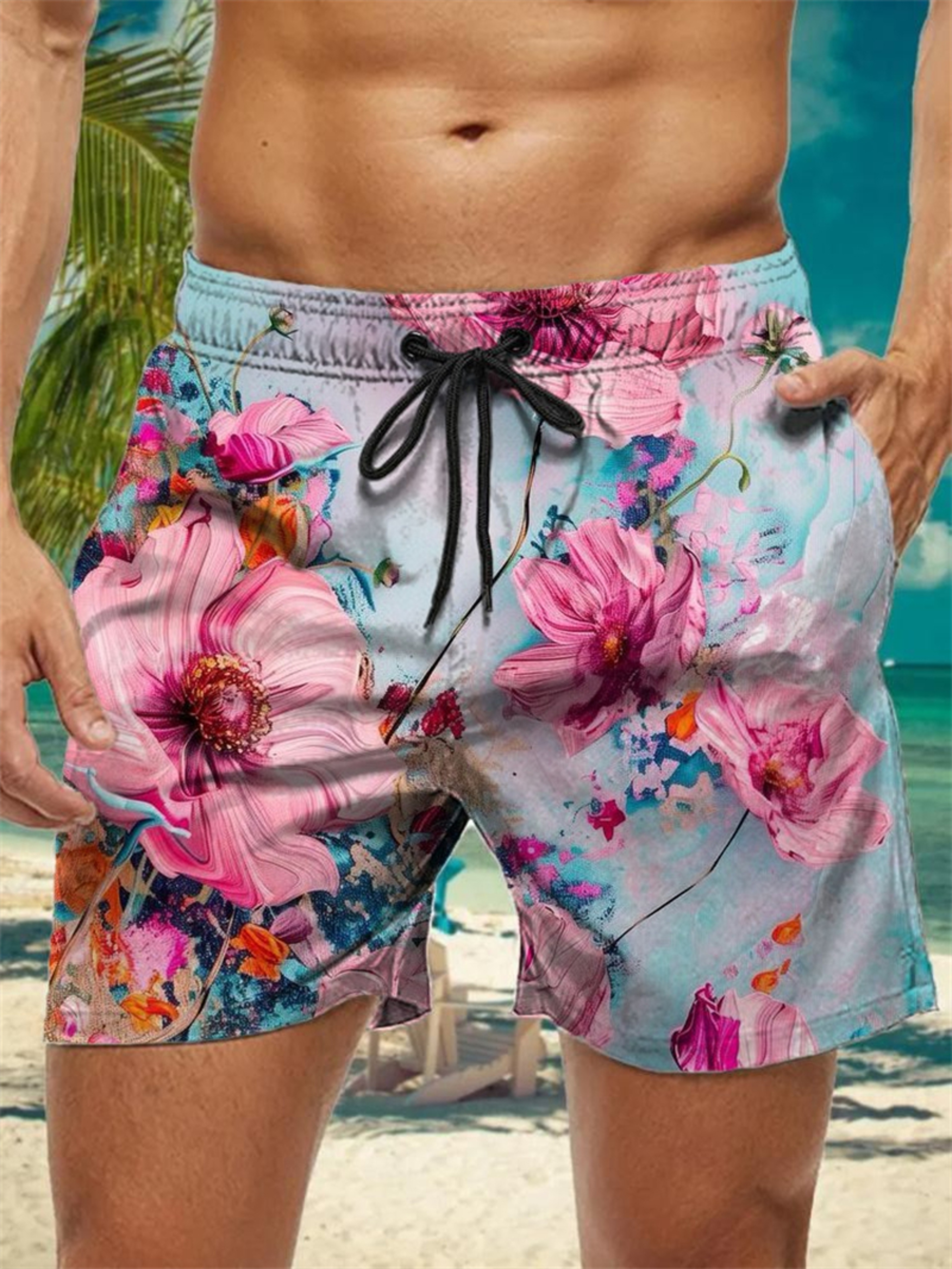 Trendy Floral Graphic Short Pants for Men, 3D Printed Hawaiian Beach Shorts Summer Fashion Vacation Oversized Swim Trunk – view 1
