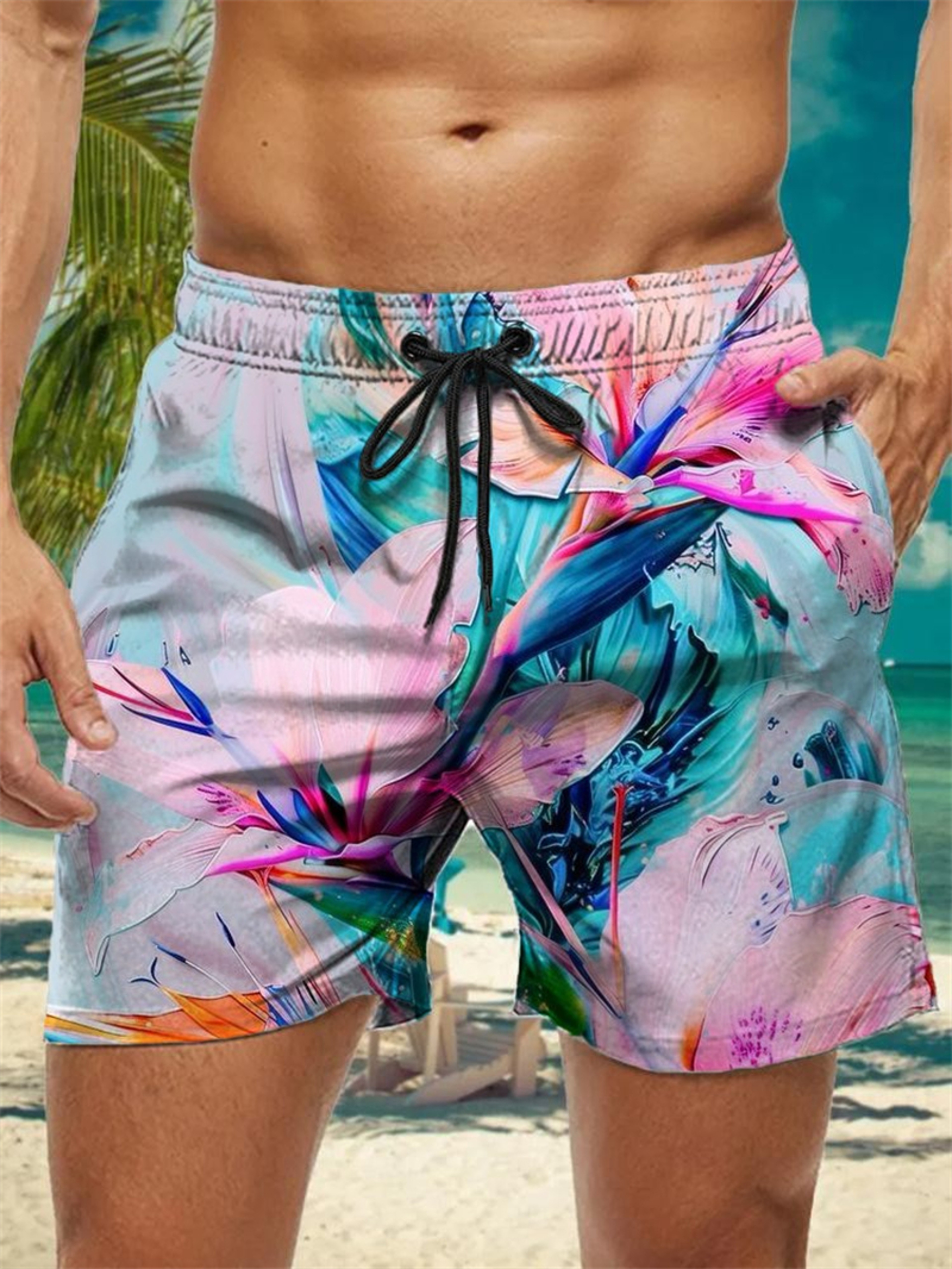 Trendy Floral Graphic Short Pants for Men, 3D Printed Hawaiian Beach Shorts Summer Fashion Vacation Oversized Swim Trunk – view 22