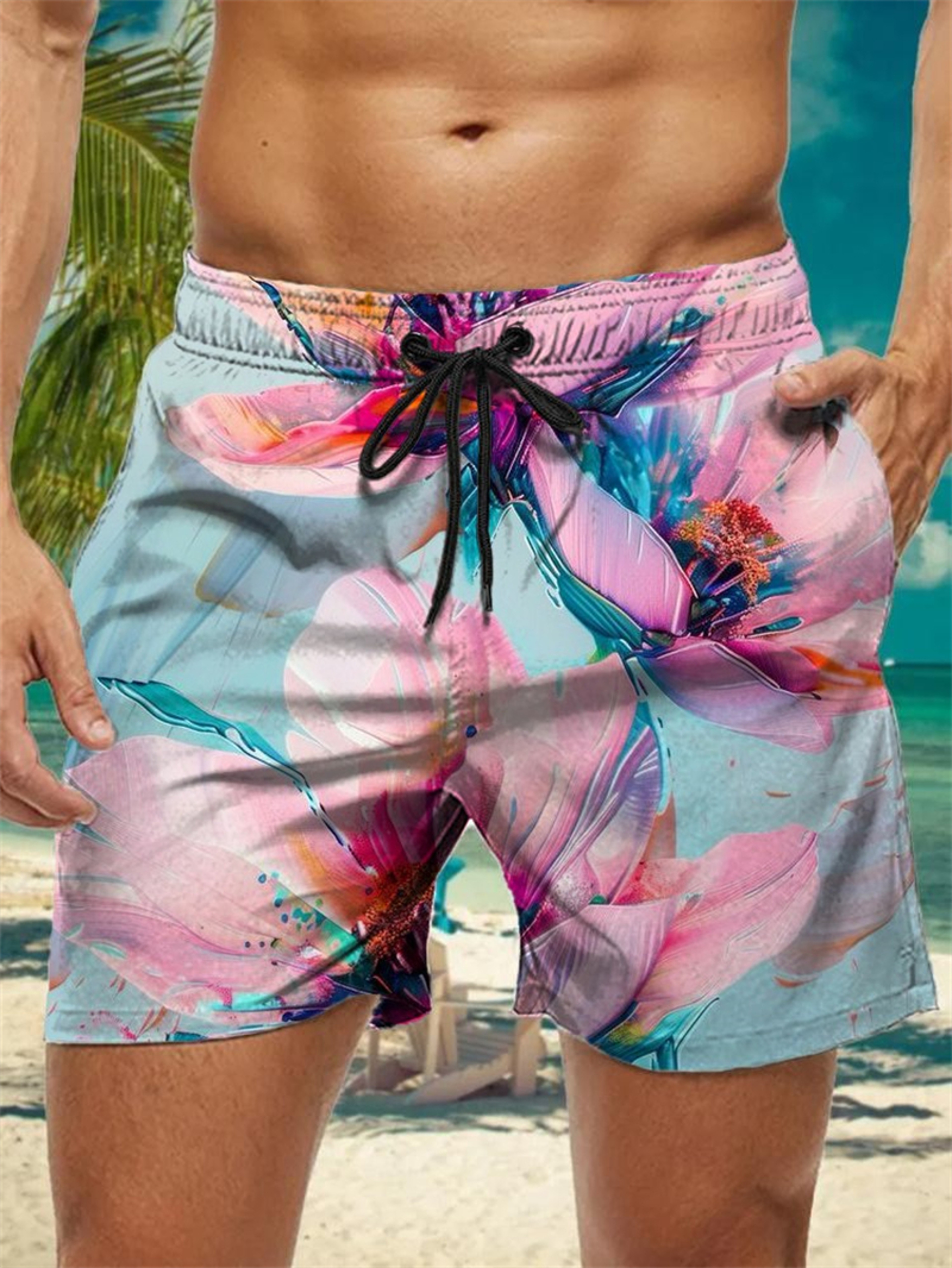 Trendy Floral Graphic Short Pants for Men, 3D Printed Hawaiian Beach Shorts Summer Fashion Vacation Oversized Swim Trunk – view 24
