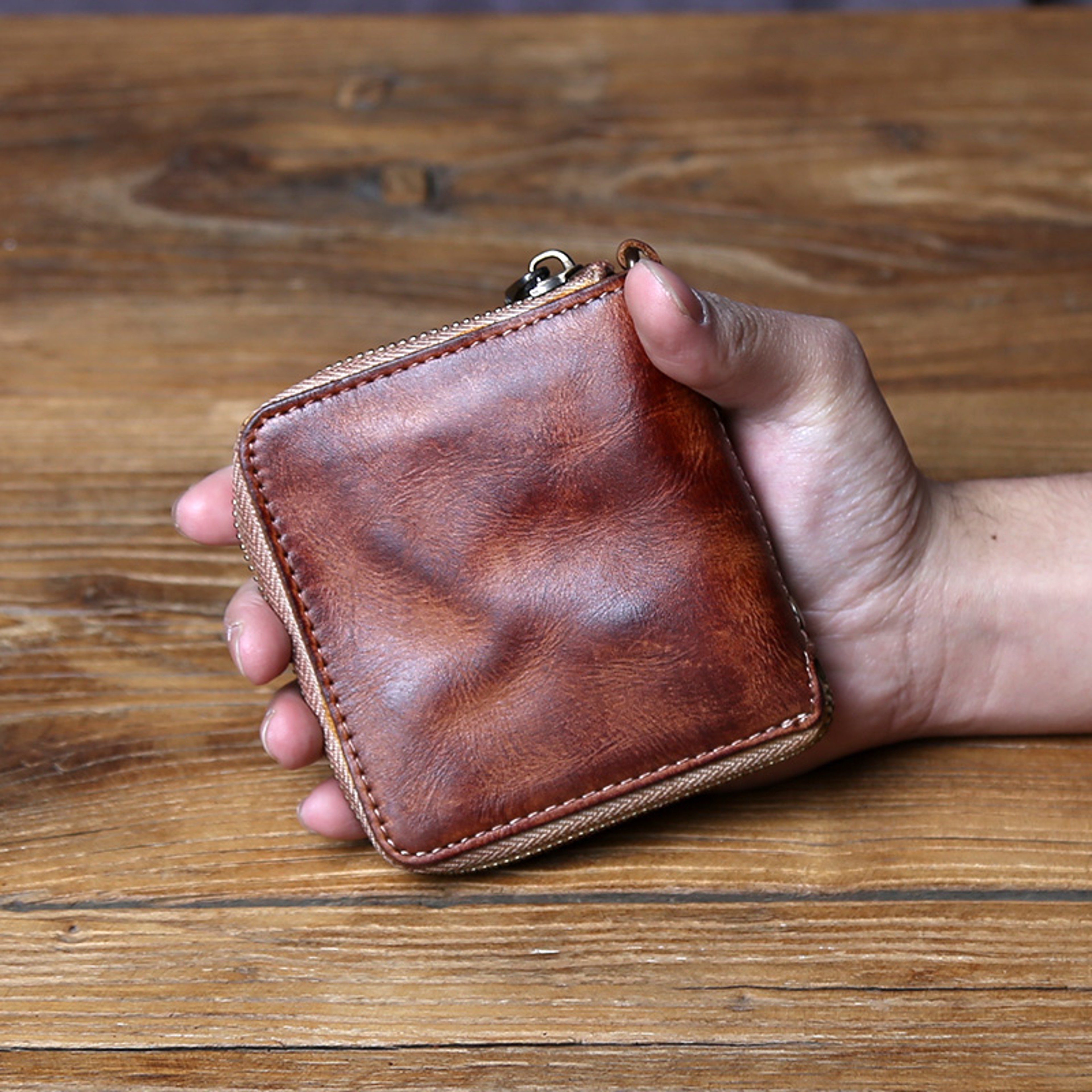 Men Genuine Leather Cowhide Coin Purse, Original Retro Vegetable Tanned Wallet, Multi Card Zipper ID Holder – view 8