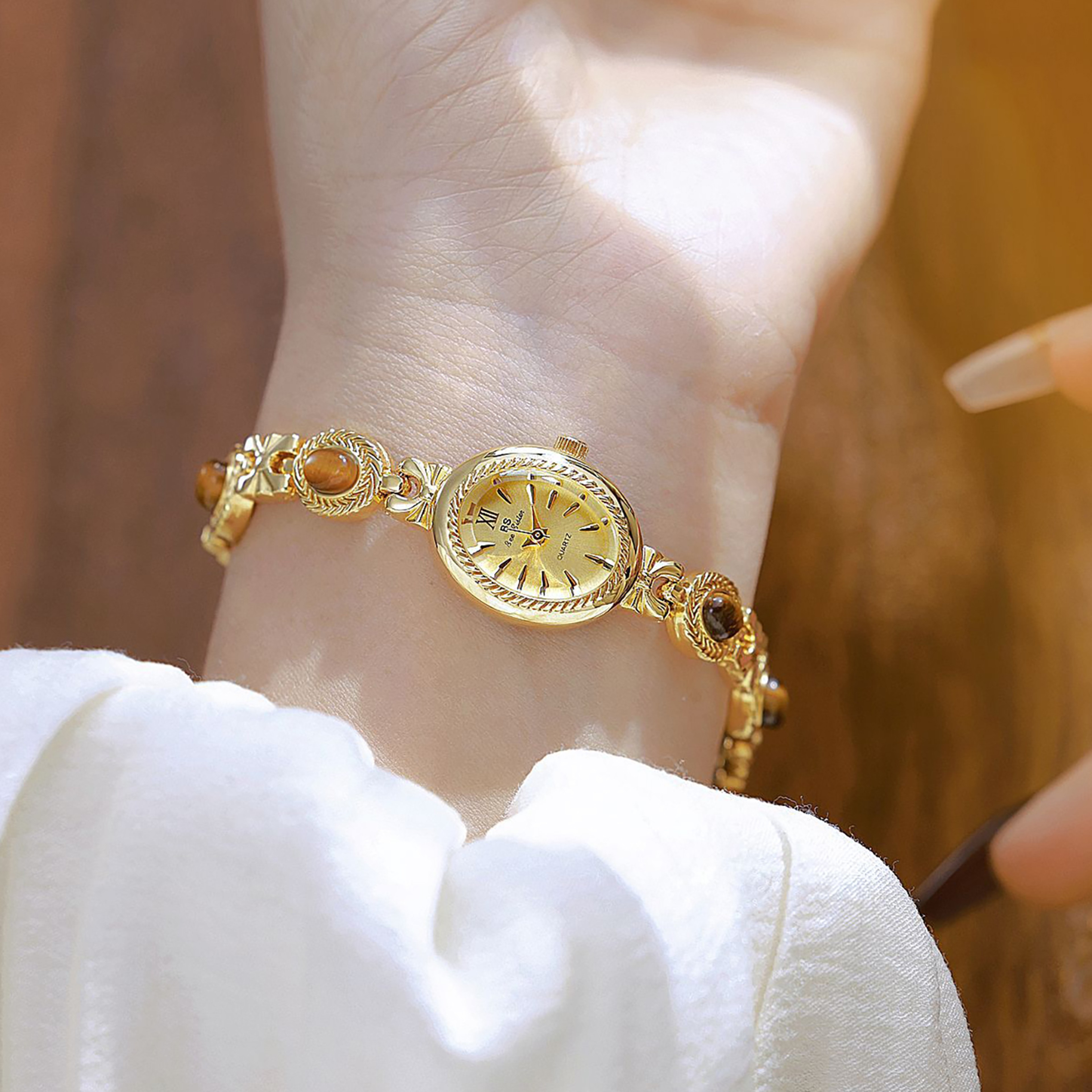 Gold Bracelet Amber Jewelry Quartz Oval Wristwatch for Women, Luxury Elegant Ladies Watch, Retro Fashion Style – view 2