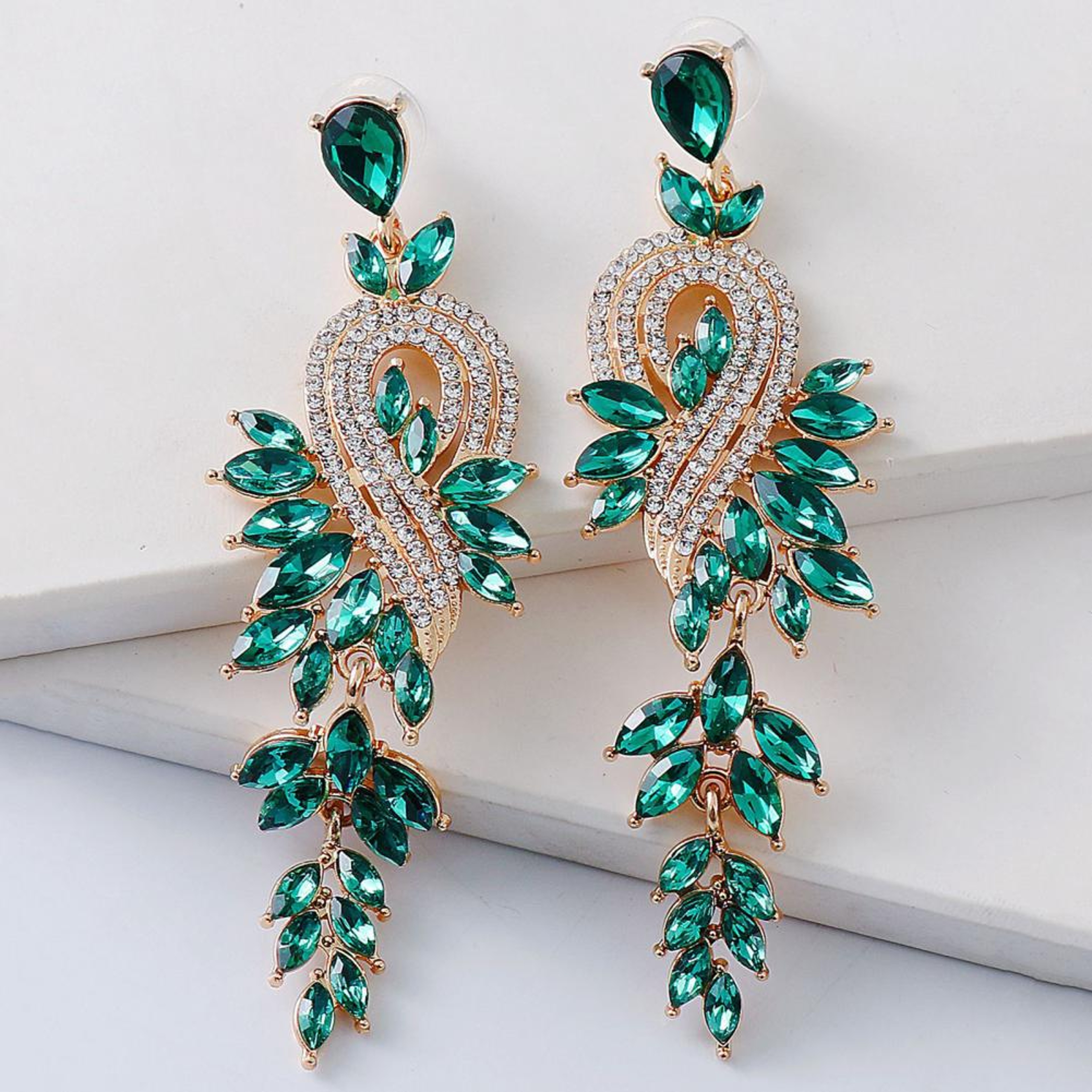 1 Pair Geometric Faux Crystal Dangle Earrings, Elegant Long Drop Rhinestone Earrings for Weddings & Special Occasions – view 2