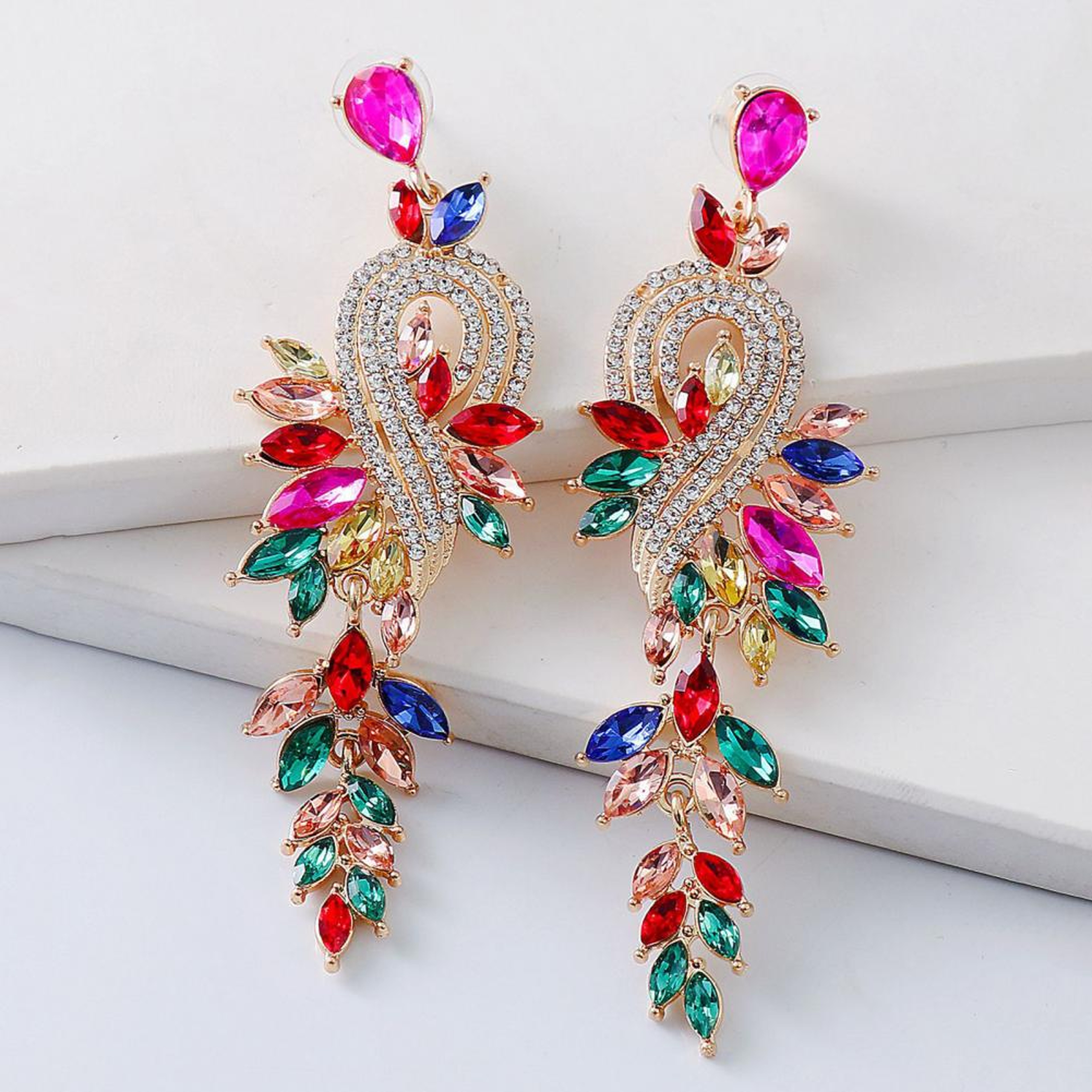 1 Pair Geometric Faux Crystal Dangle Earrings, Elegant Long Drop Rhinestone Earrings for Weddings & Special Occasions – view 4