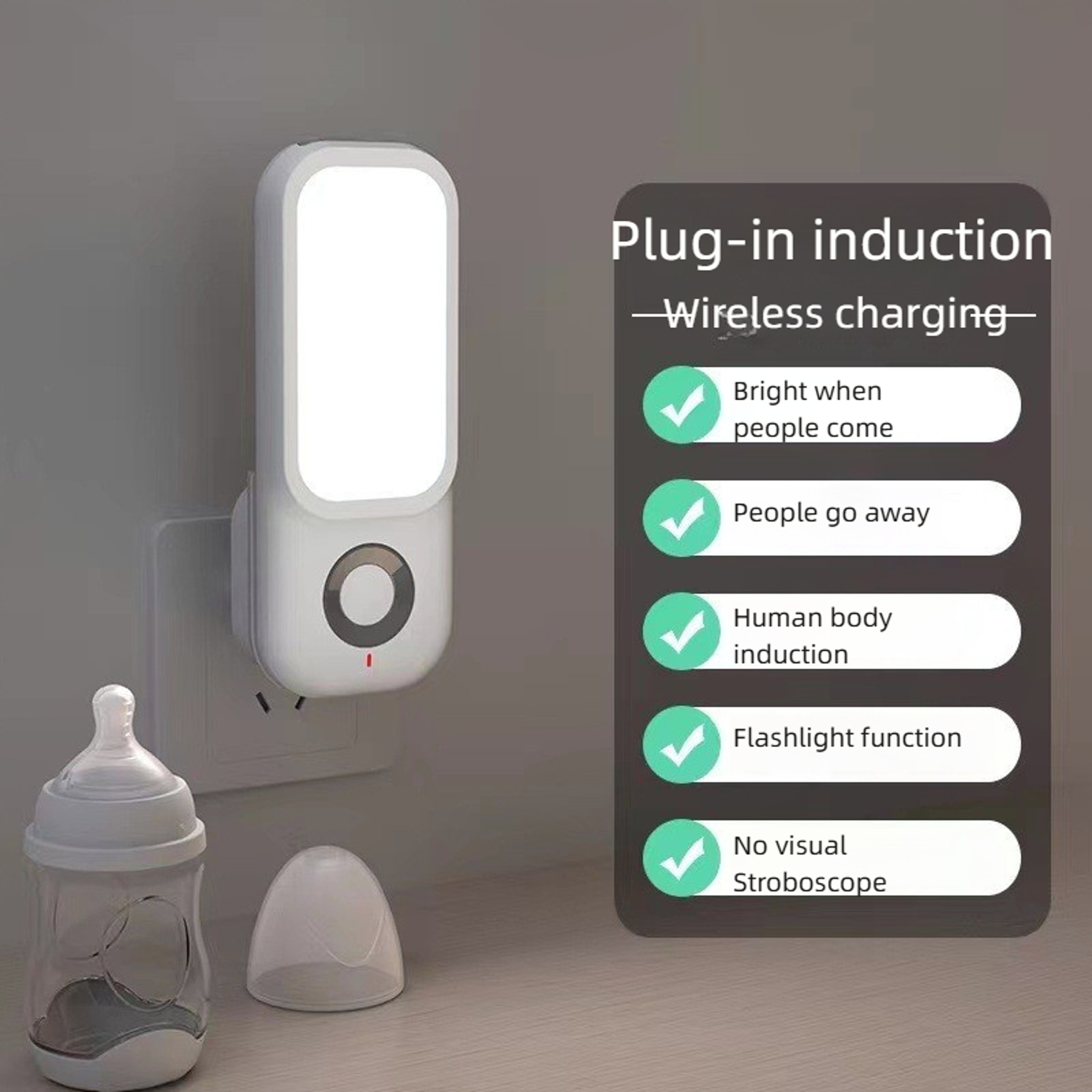 Wireless Charging Night Light Plug In, 3 Modes, Human Sensor Flashlight, USB Rechargeable Emergency Light for Bedroom – view 7