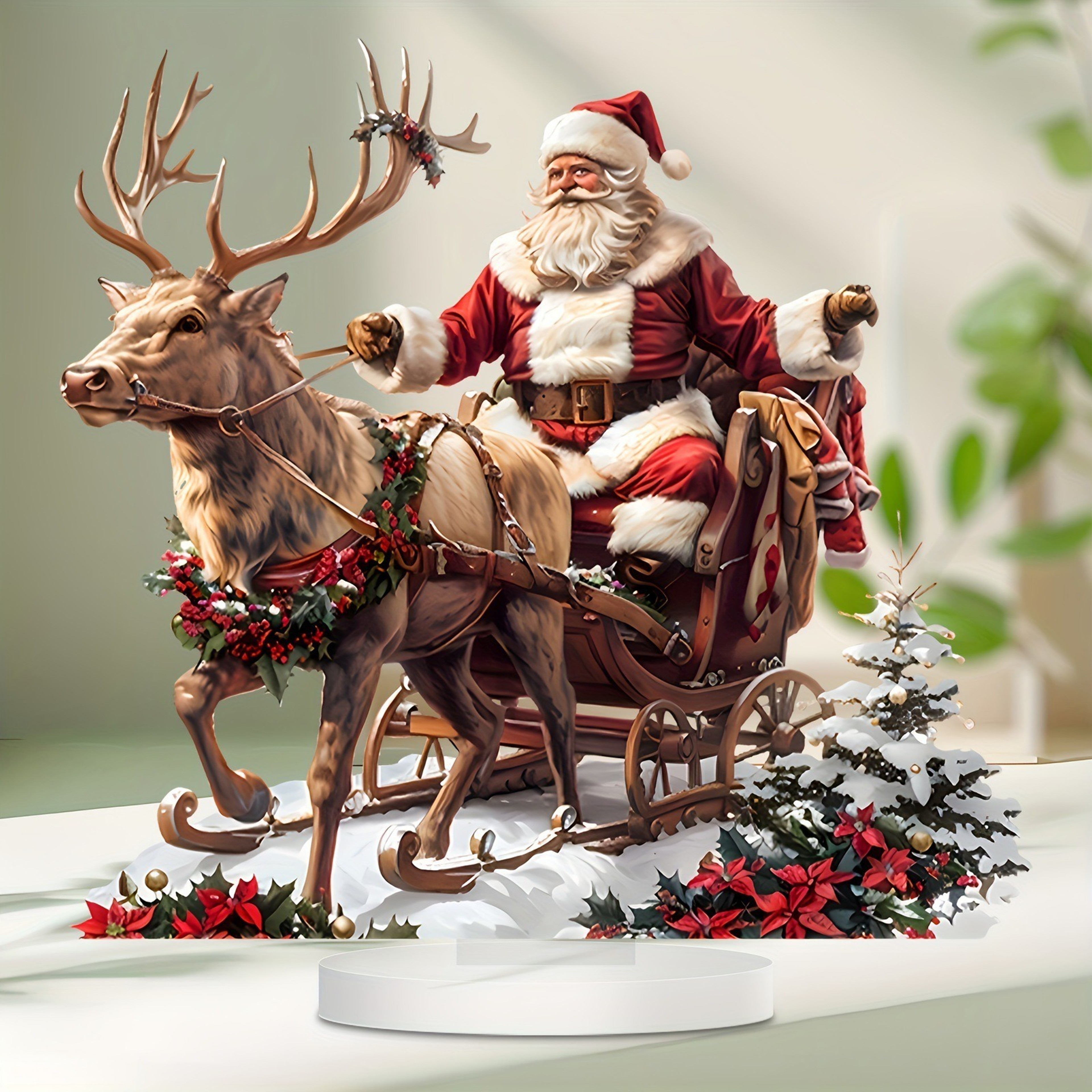 Acrylic Santa Claus Reindeer Sled Decoration Tabletop Christmas Ornament With Base Xmas Navidad Par 0
