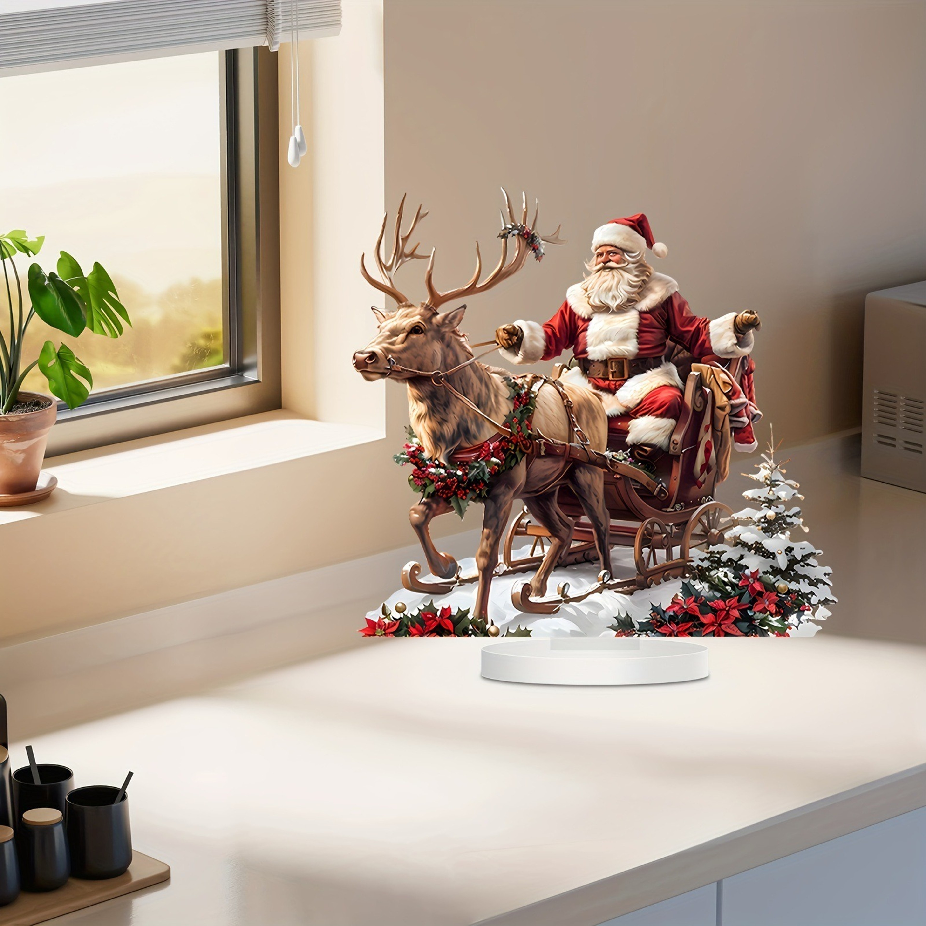 Acrylic Santa Claus Reindeer Sled Decoration Tabletop Christmas Ornament With Base Xmas Navidad Par 4