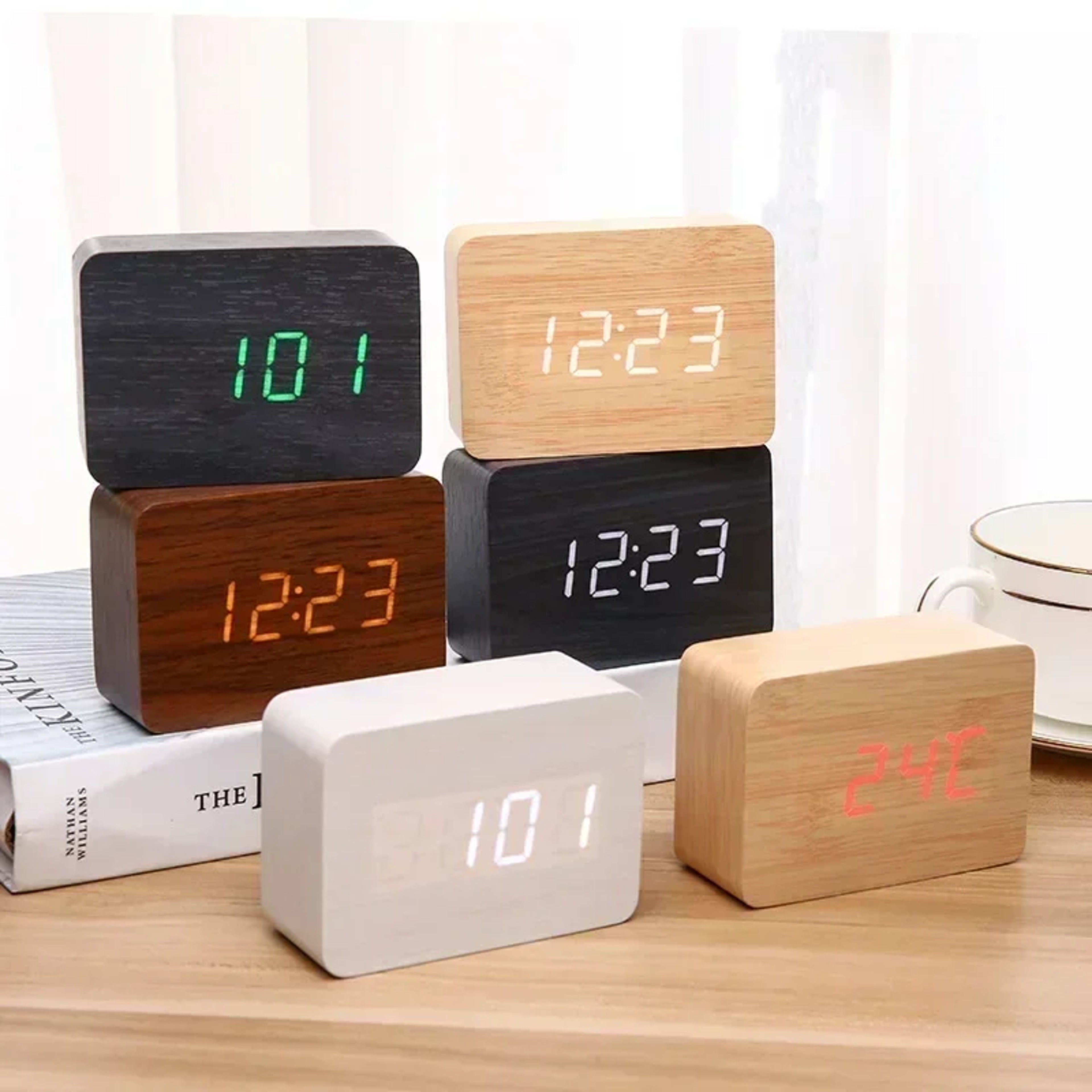 Nordic LED Wooden Alarm Clock with Voice Control & Temperature Display – view 2