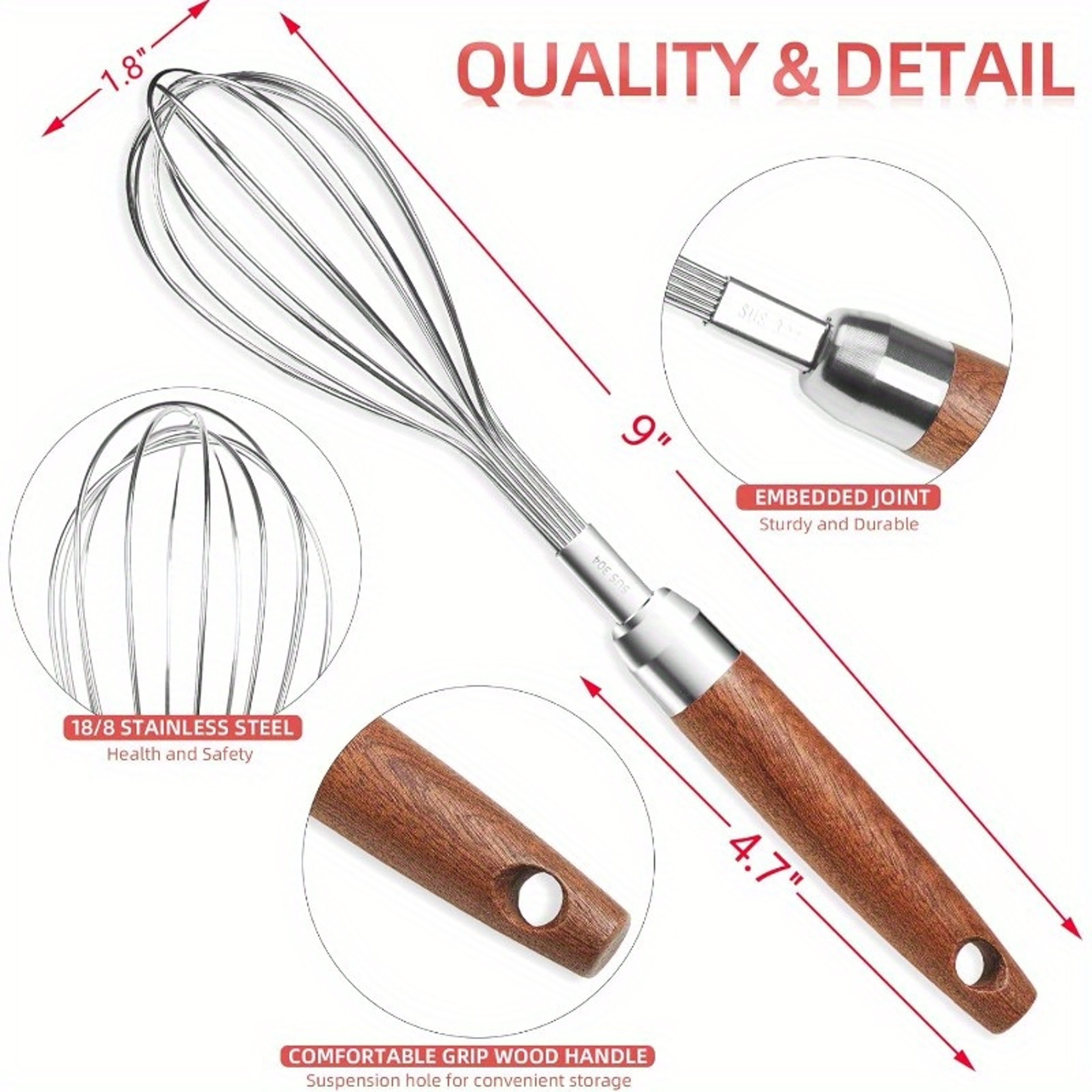 RusticGrip Stainless Steel Whisk With Wooden Handle For Baking Cooking  Mixing 2