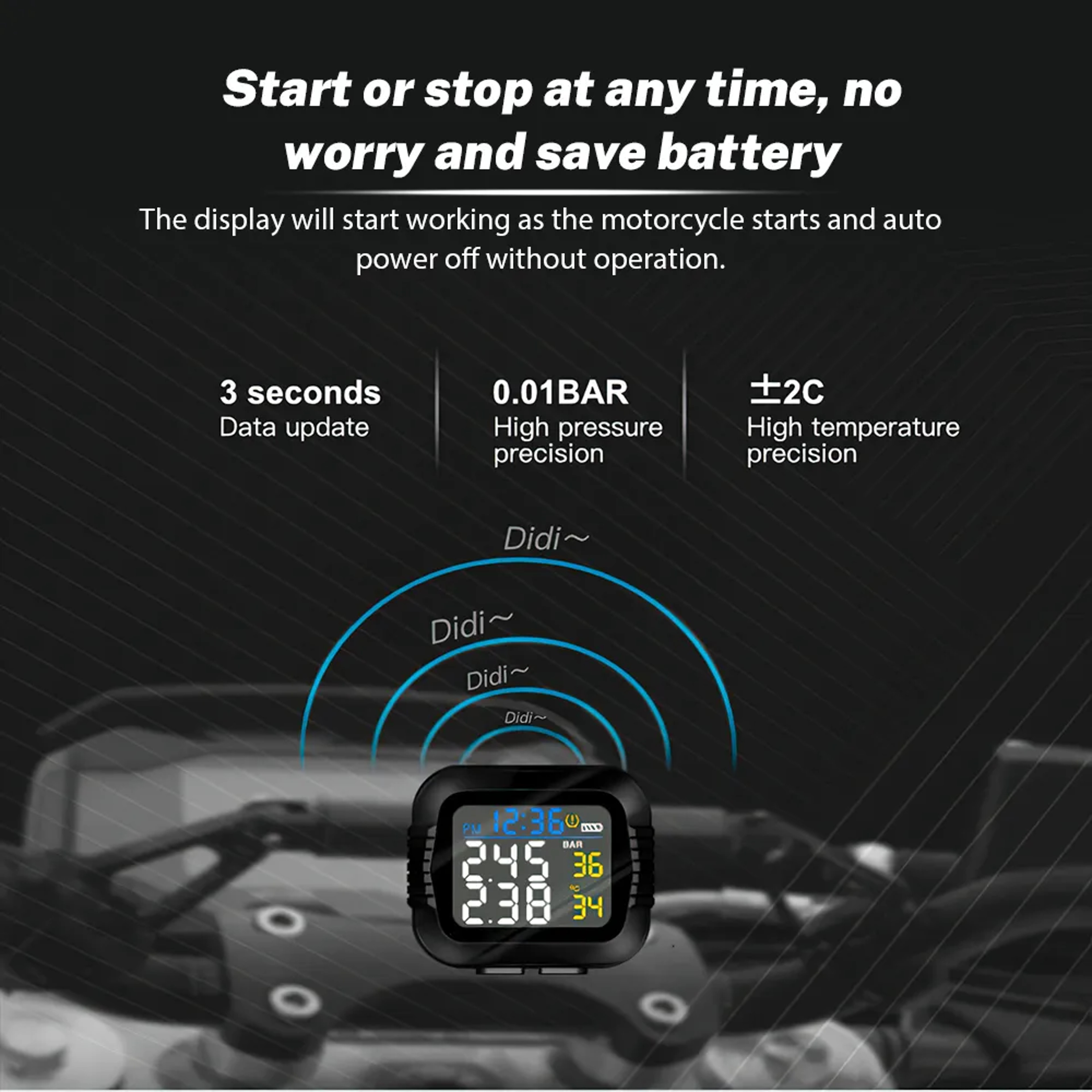 RideGuard Motorcycle TPMS Wireless Tire Pressure Monitor with Real Time Temperature Alerts – view 2