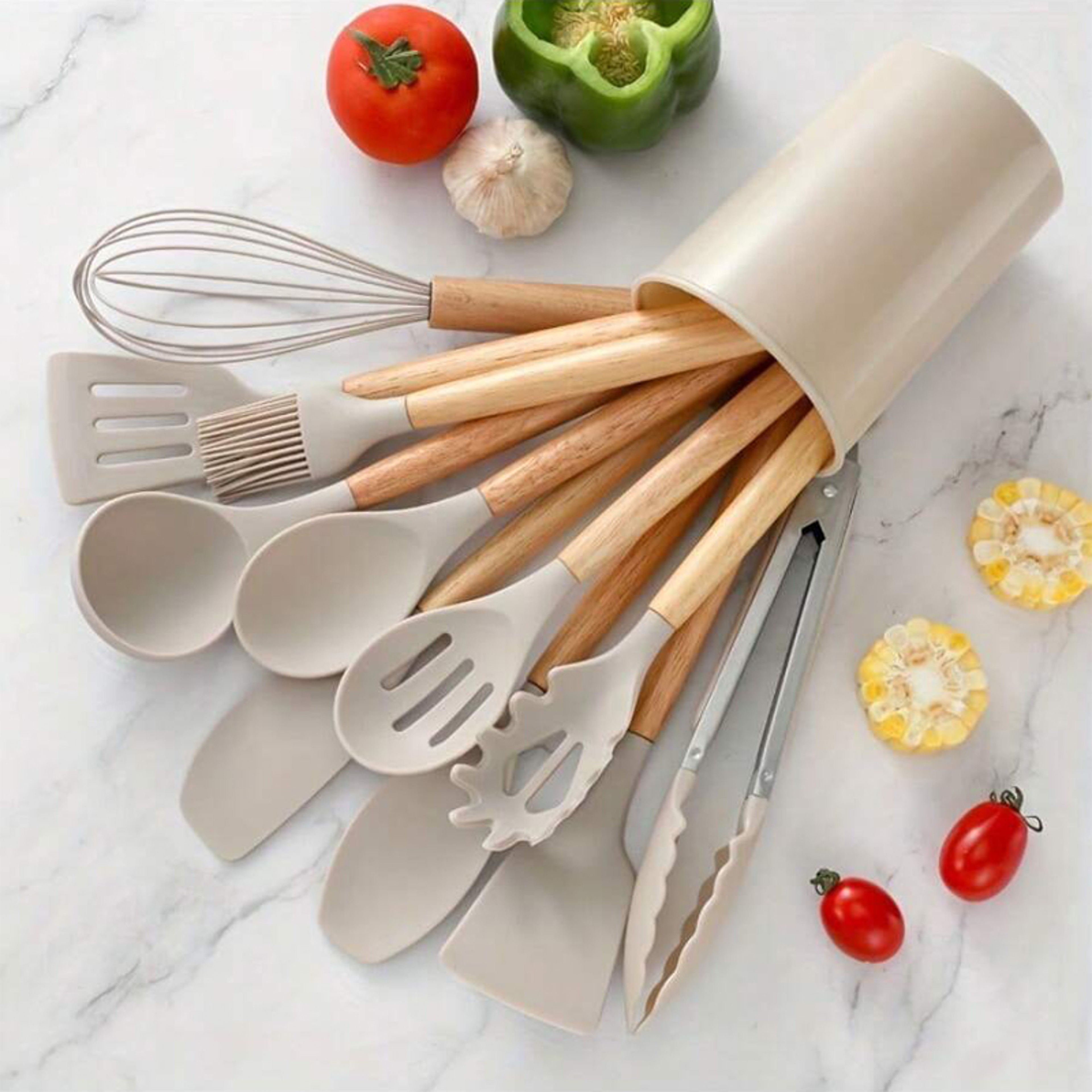 EliteChef Piece Silicone Kitchen Utensils Set with Wooden Handles for Non Stick Cookware – view 5