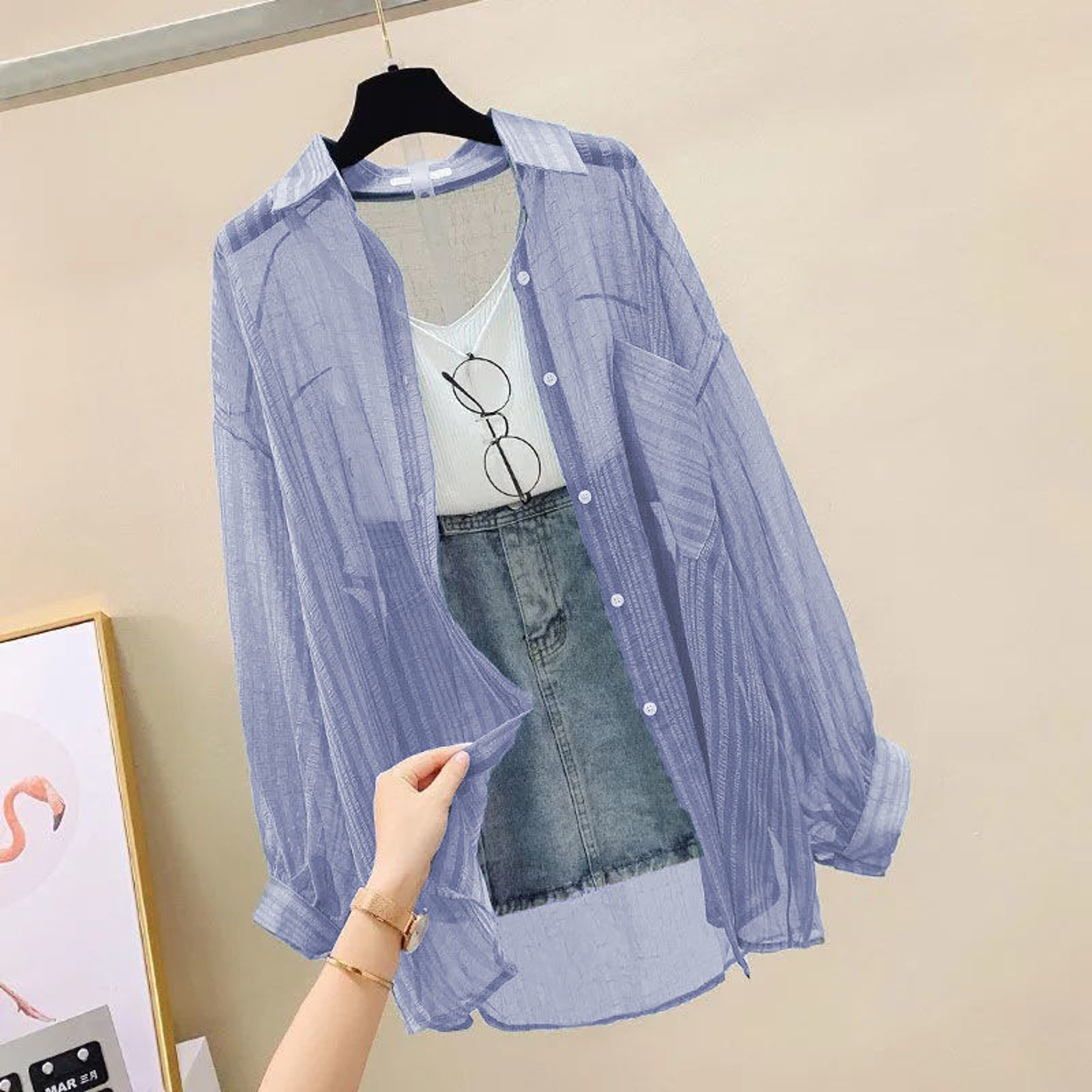 Elegant Summer Sunscreen Shirt , Thin Chiffon Blouse, Korean Harajuku See-Through Loose Top for Women – view 7