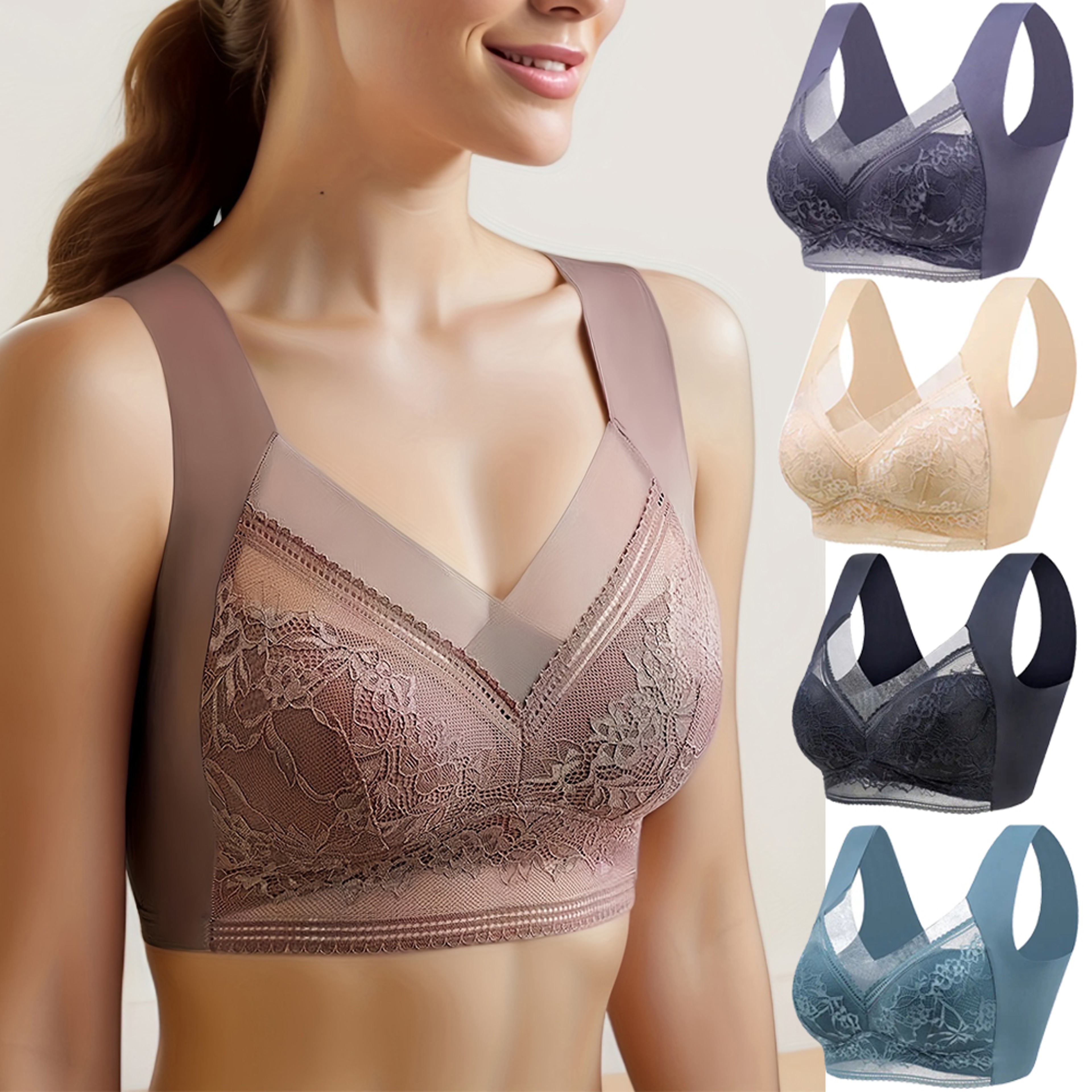 Womens Plus Size Push Up Bra, Ice Silk Seamless Bralette with Lace Trim, Wireless Comfort for Summer & Everyday Wear – view 1