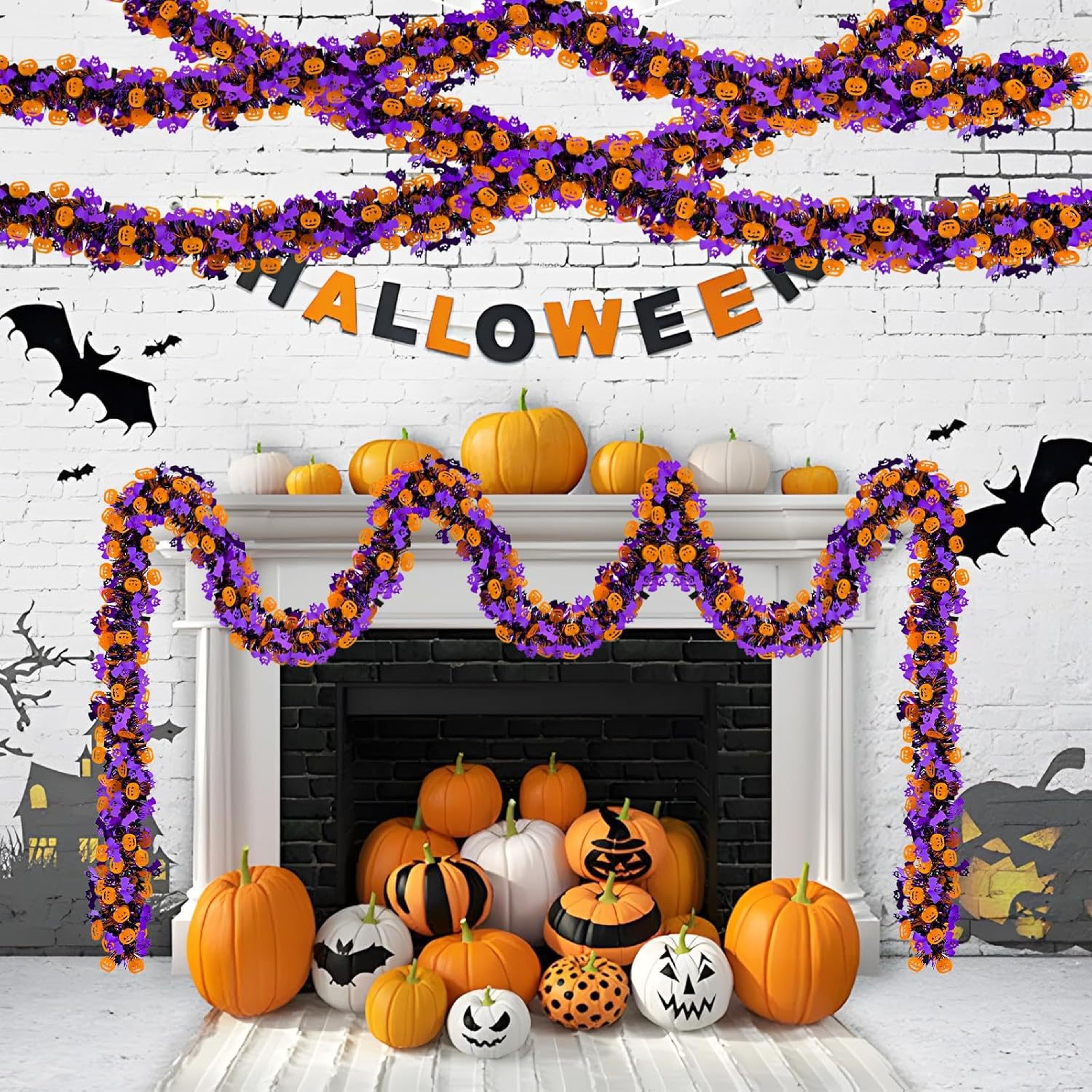 Halloween Tinsel Garland, Purple Tinsel Garland, Pumpkin Bat Halloween Decoration, Indoor Outdoor Garden Party Porch – view 1
