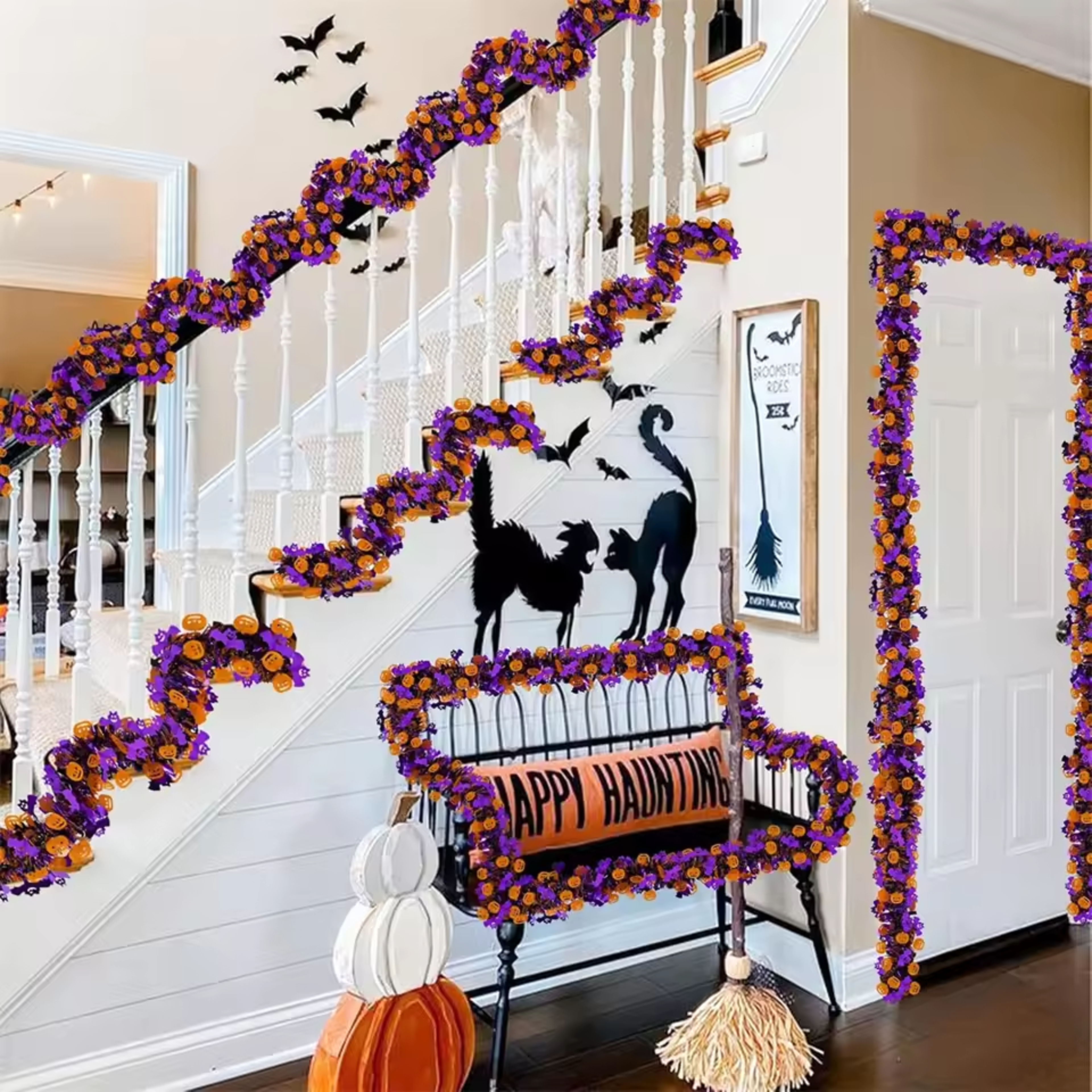 Halloween Tinsel Garland, Purple Tinsel Garland, Pumpkin Bat Halloween Decoration, Indoor Outdoor Garden Party Porch – view 3