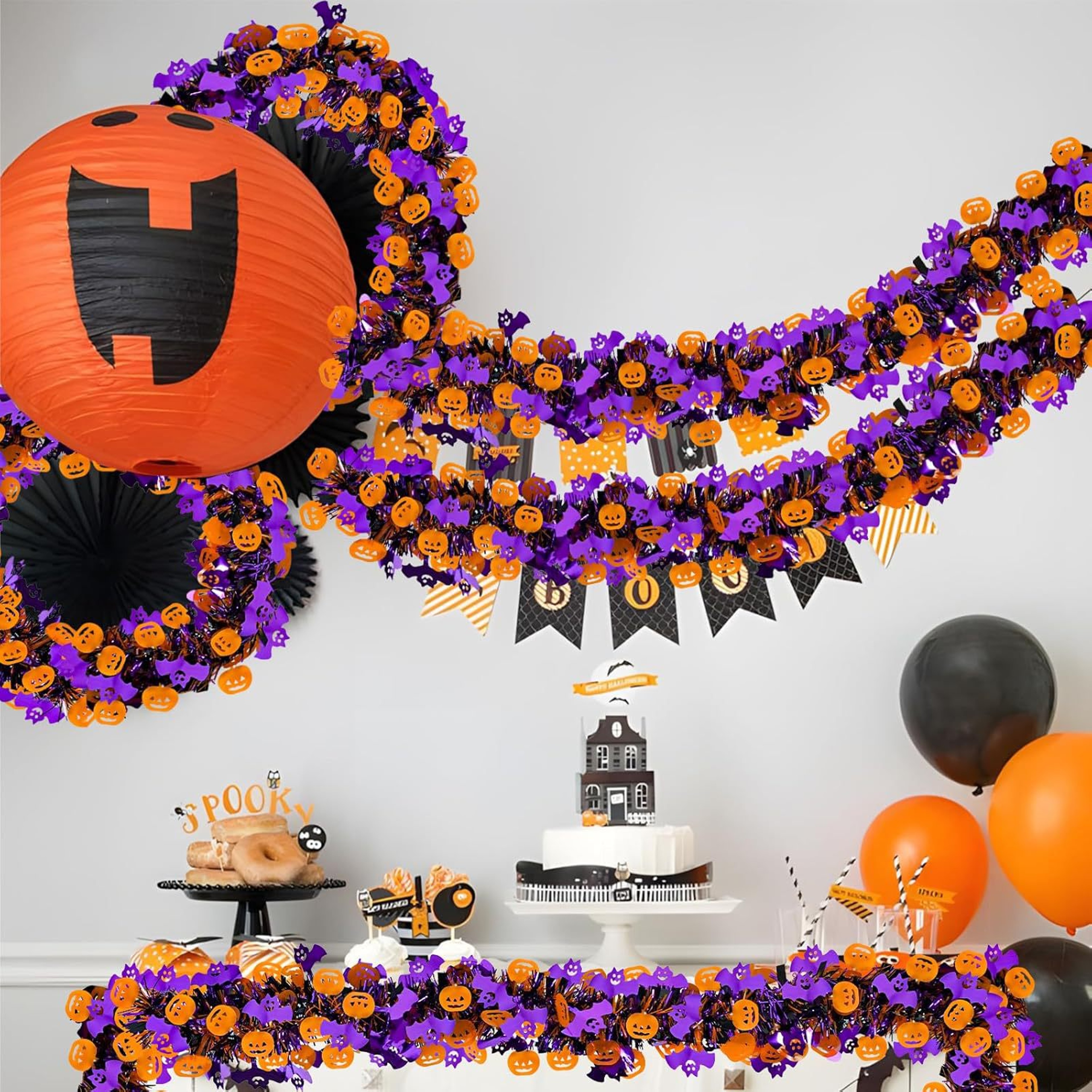 Halloween Tinsel Garland, Purple Tinsel Garland, Pumpkin Bat Halloween Decoration, Indoor Outdoor Garden Party Porch – view 5