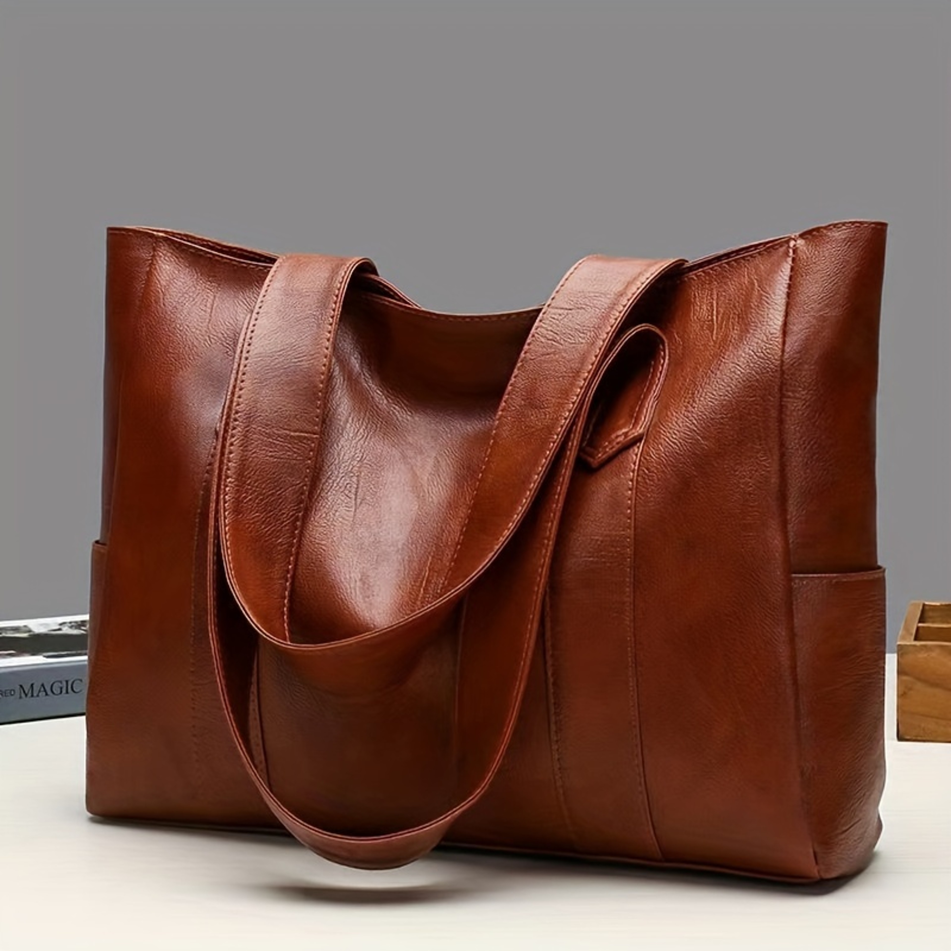 Durable PU Solid Color Shoulder Bag, Large Capacity Tote Bag with Zipper Double Handle, Perfect Commute Bag – view 1