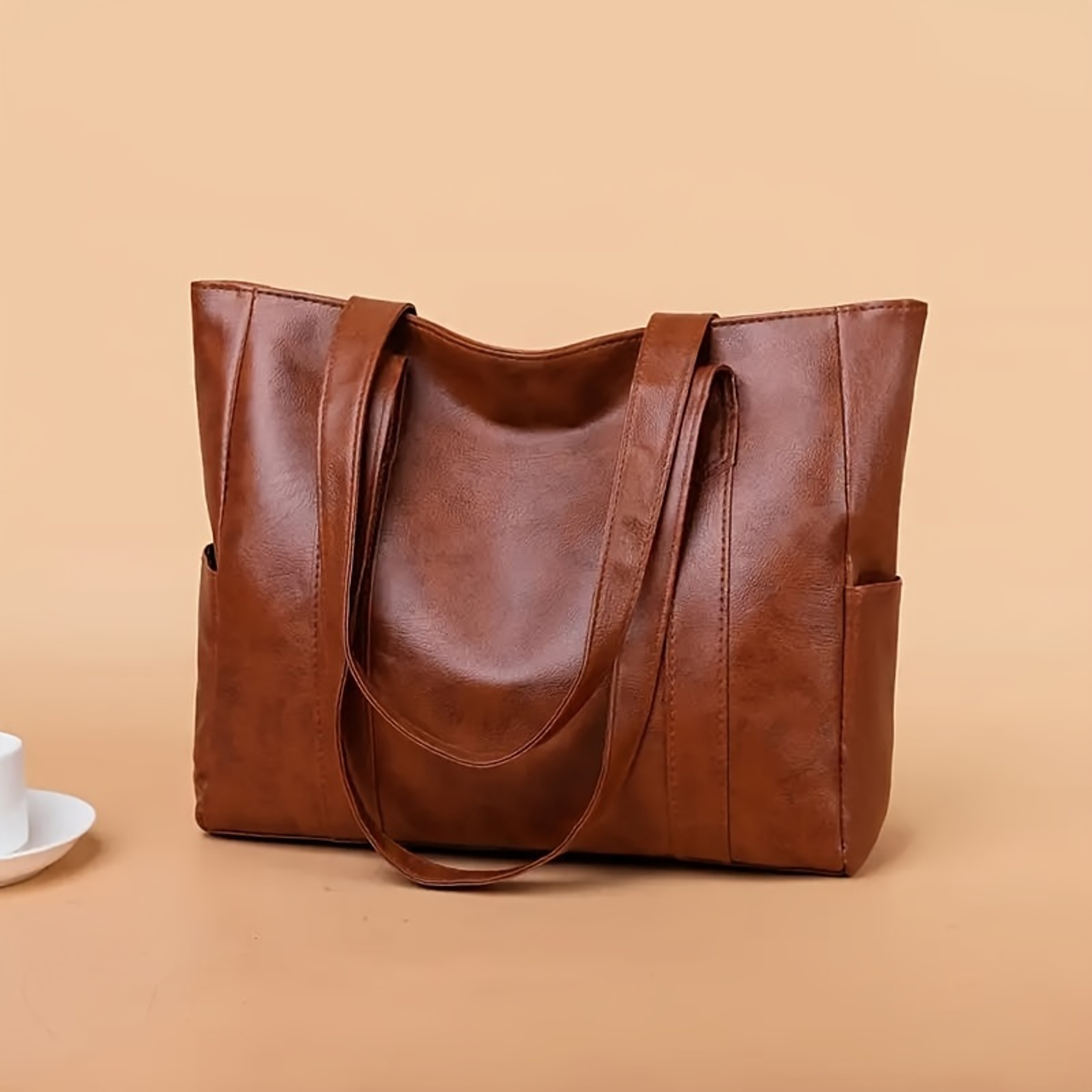 Durable PU Solid Color Shoulder Bag, Large Capacity Tote Bag with Zipper Double Handle, Perfect Commute Bag – view 7